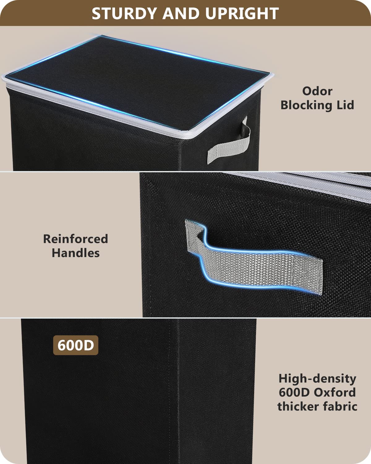 SOLEDI Laundry Hamper Black with Lid and Removable Bag - 100L Large and Tall Laundry Basket Collapsible with Handle for Clothing and Toys Storage - Dirty Clothes Hamper for Bedroom  bathroom  dorm