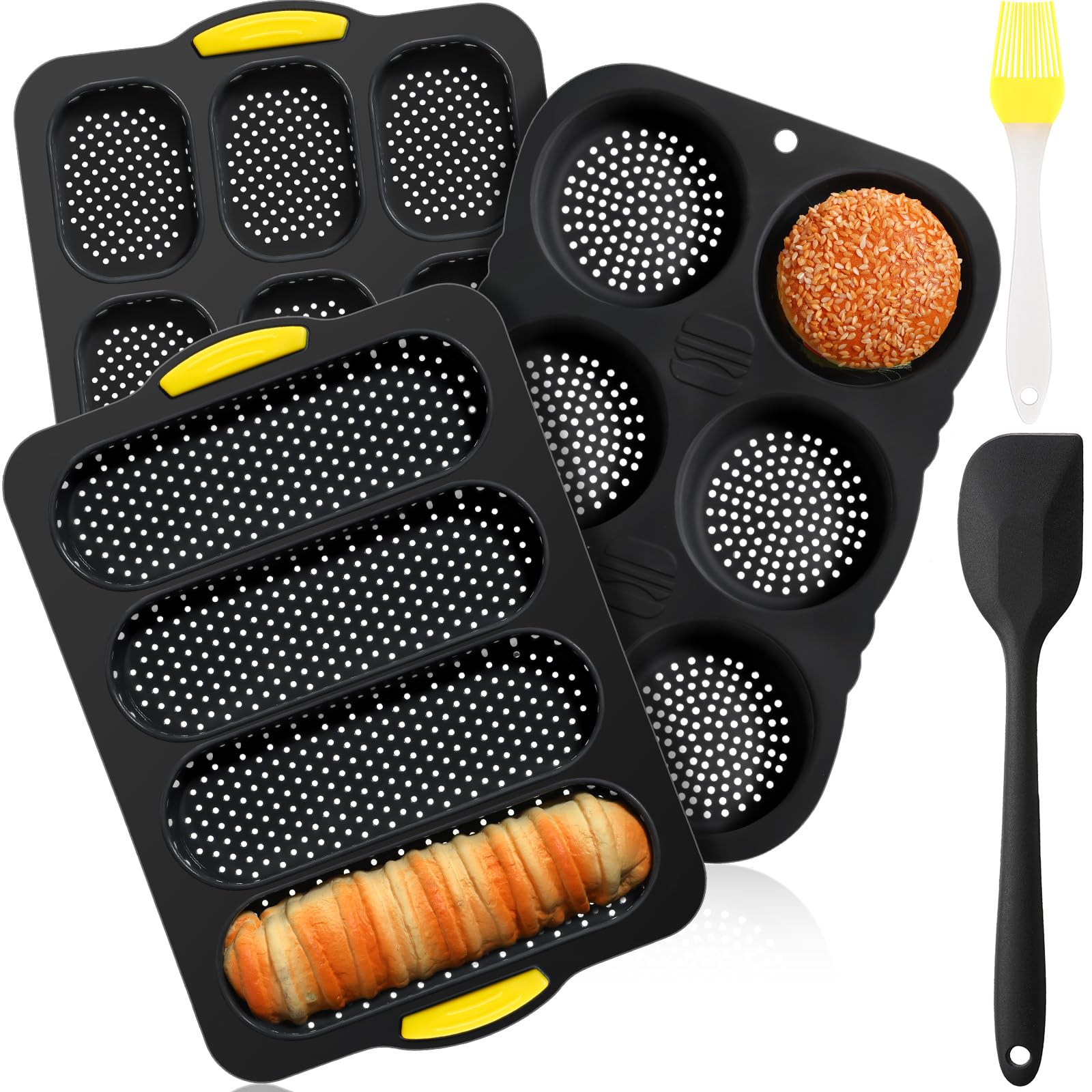 FillTouch Set of 5 Silicone Hamburger Bun Mold 4 6 9 Cup Hamburger Bun Pan with Spatula Brush Nonstick Pans for Baking Homemade 