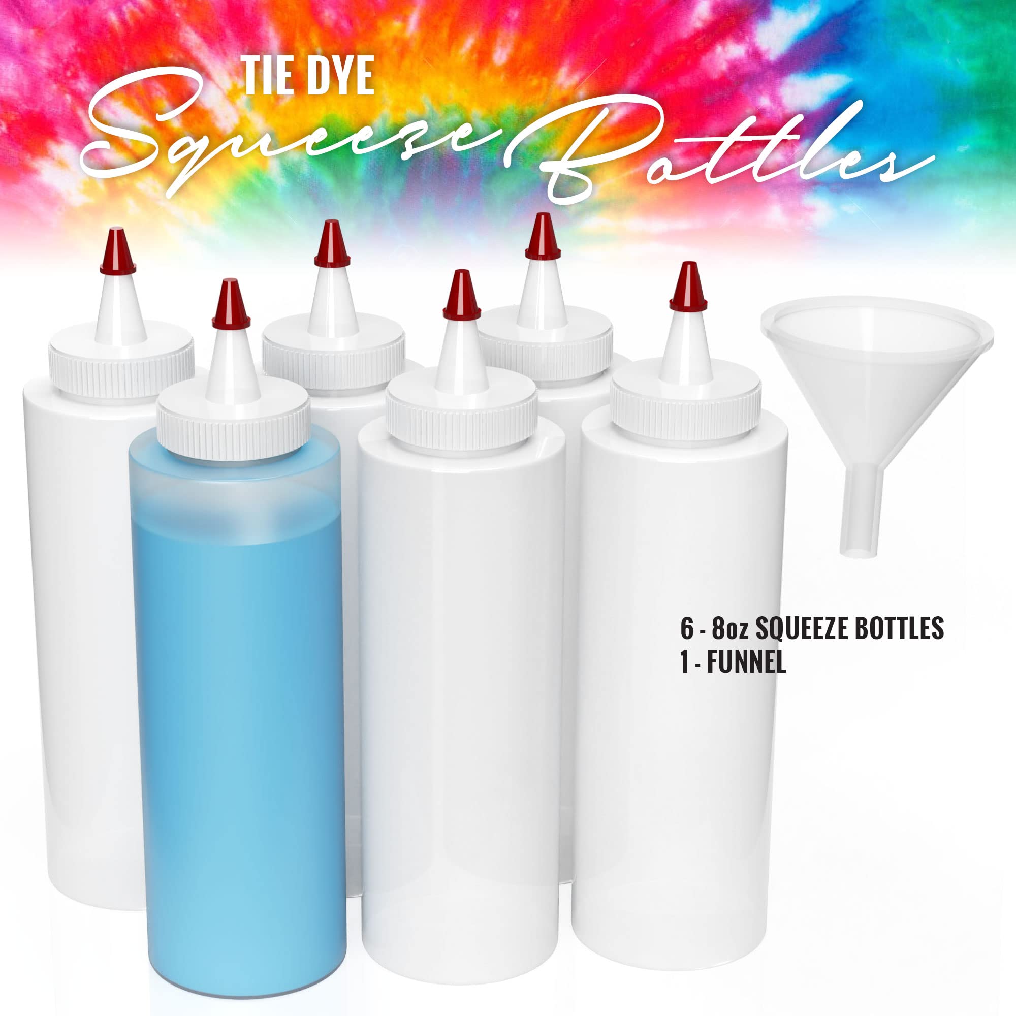 Pixiss Tie Dye 8Oz Squeeze Bottles (6 Pack) With 2'' Funnel - Precise Dispenser For Arts And Crafts - Perfect For Liquid Or Powd