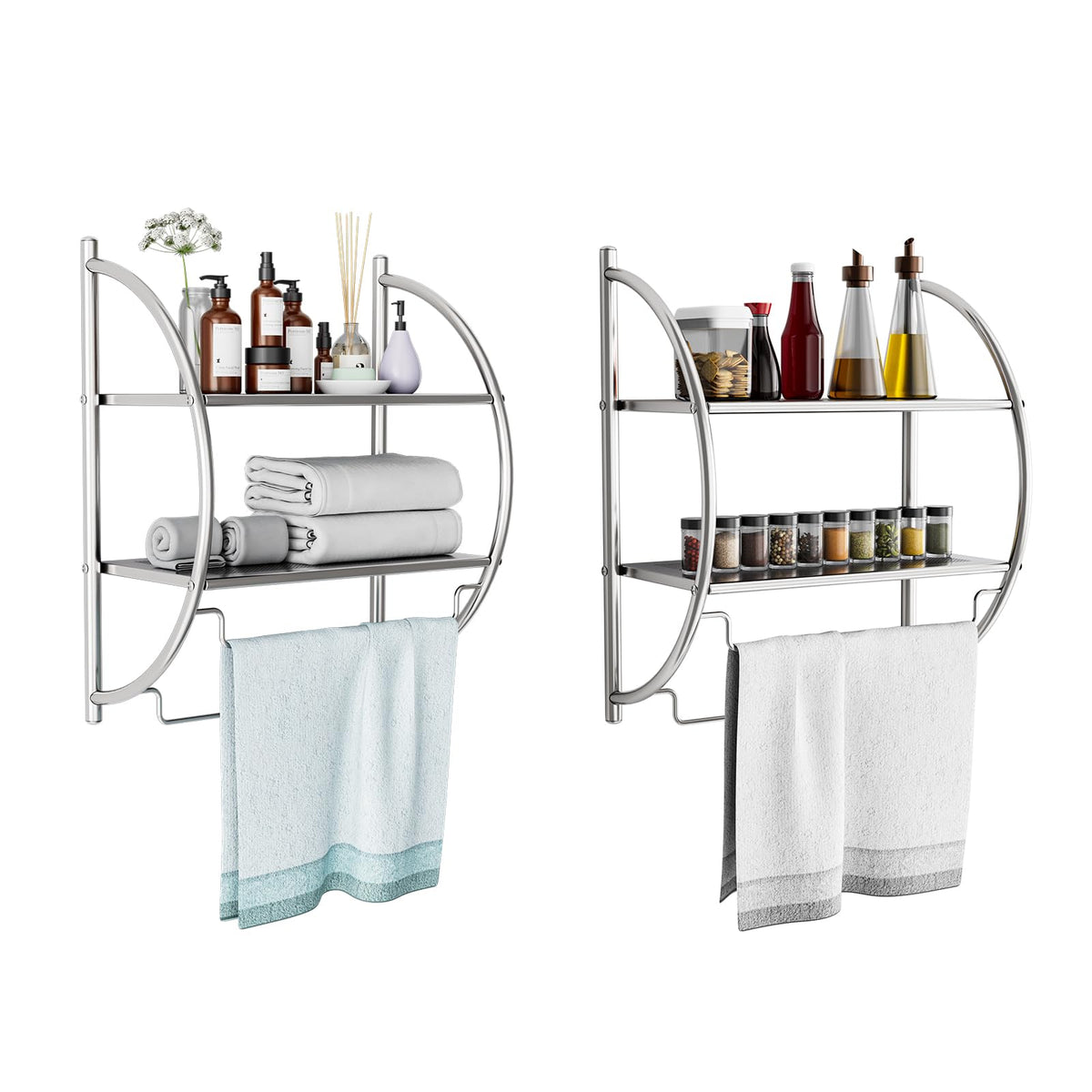 S Afstar 2 Pack Towel Racks For Bathroom, 2-Tier Chrome Bathroom Towel Holders With Leaky Design Shelves & Towel Bars, Wall Moun