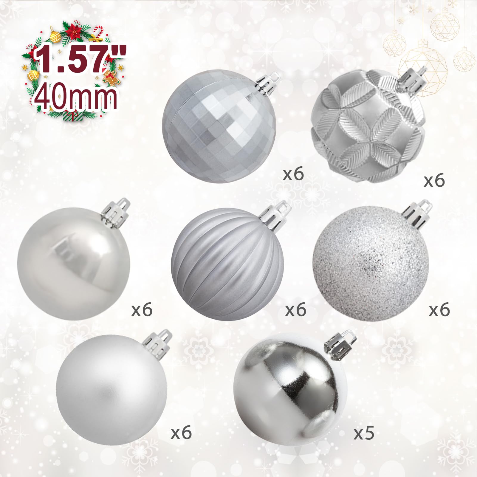 Luxtea 41ct Small Christmas Balls Shatterproof Hanging Decorations Set for Xmas Tree Garland Ornaments (1.57/40mm,Silver)