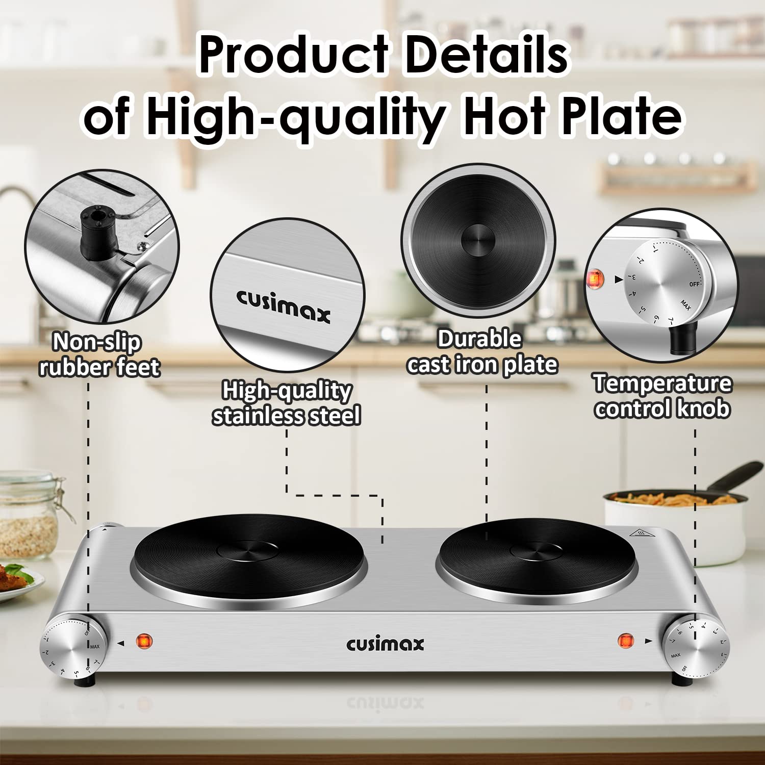 Cusimax Hot Plate, Electric Double Burner, 1800W Cast Iron Countertop Cooktop, Portable For Cooking, Compatible For All Cookware