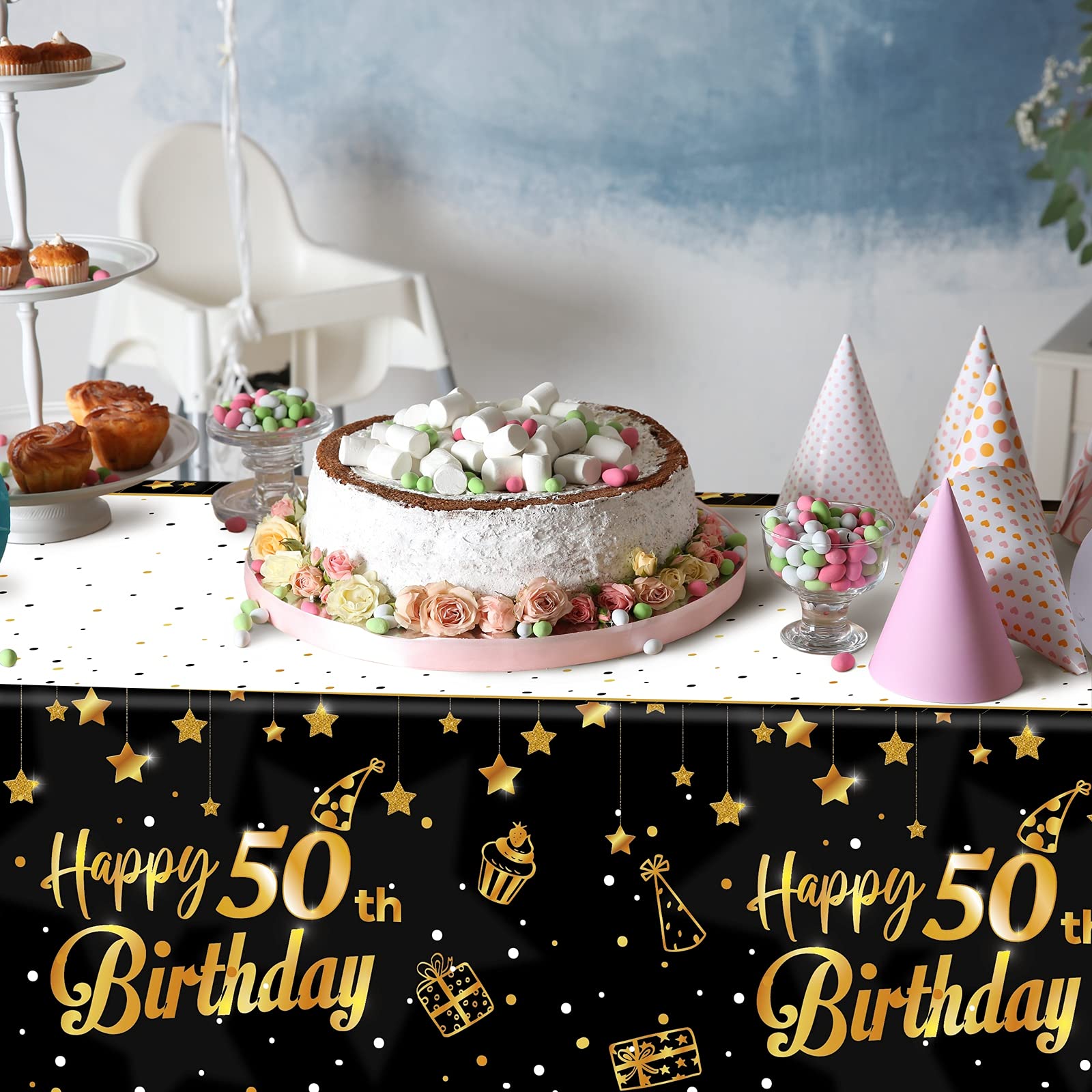 Ruisita 2 Pack Black Gold Table Cloth Cover Happy 50Th Birthday Tablecloth Party Tablecloths Rectangular Table Cloth Cover For I