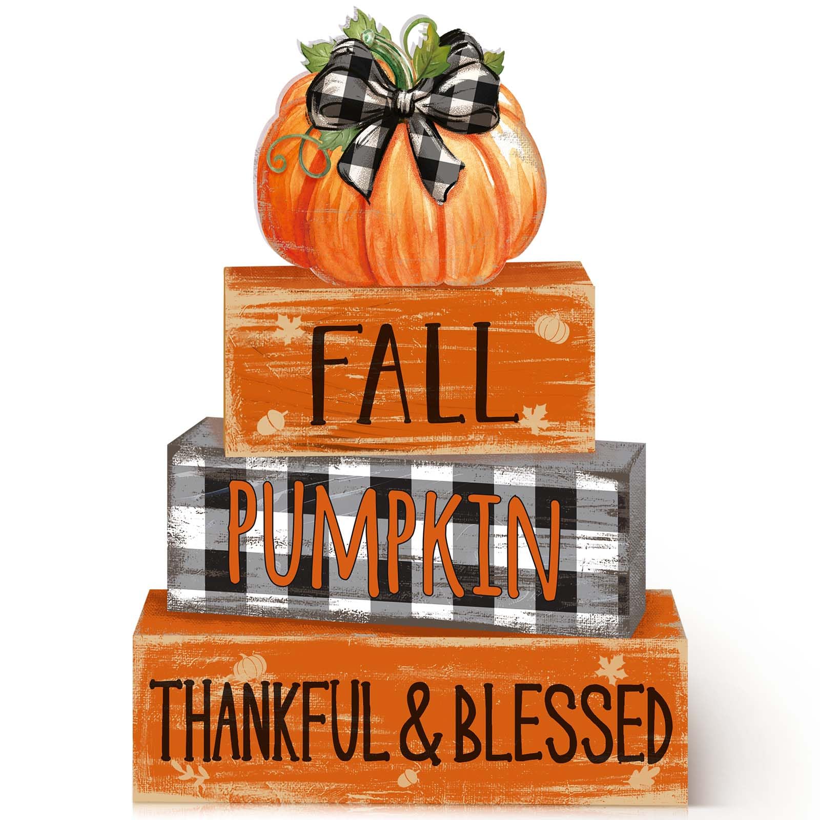 4 Pcs Fall Thanksgiving Decor for Home Buffalo Plaid Pumpkin Wooden Signs with Blessed Autumn Tiered Tray Decor Grid Pumpkin Tab