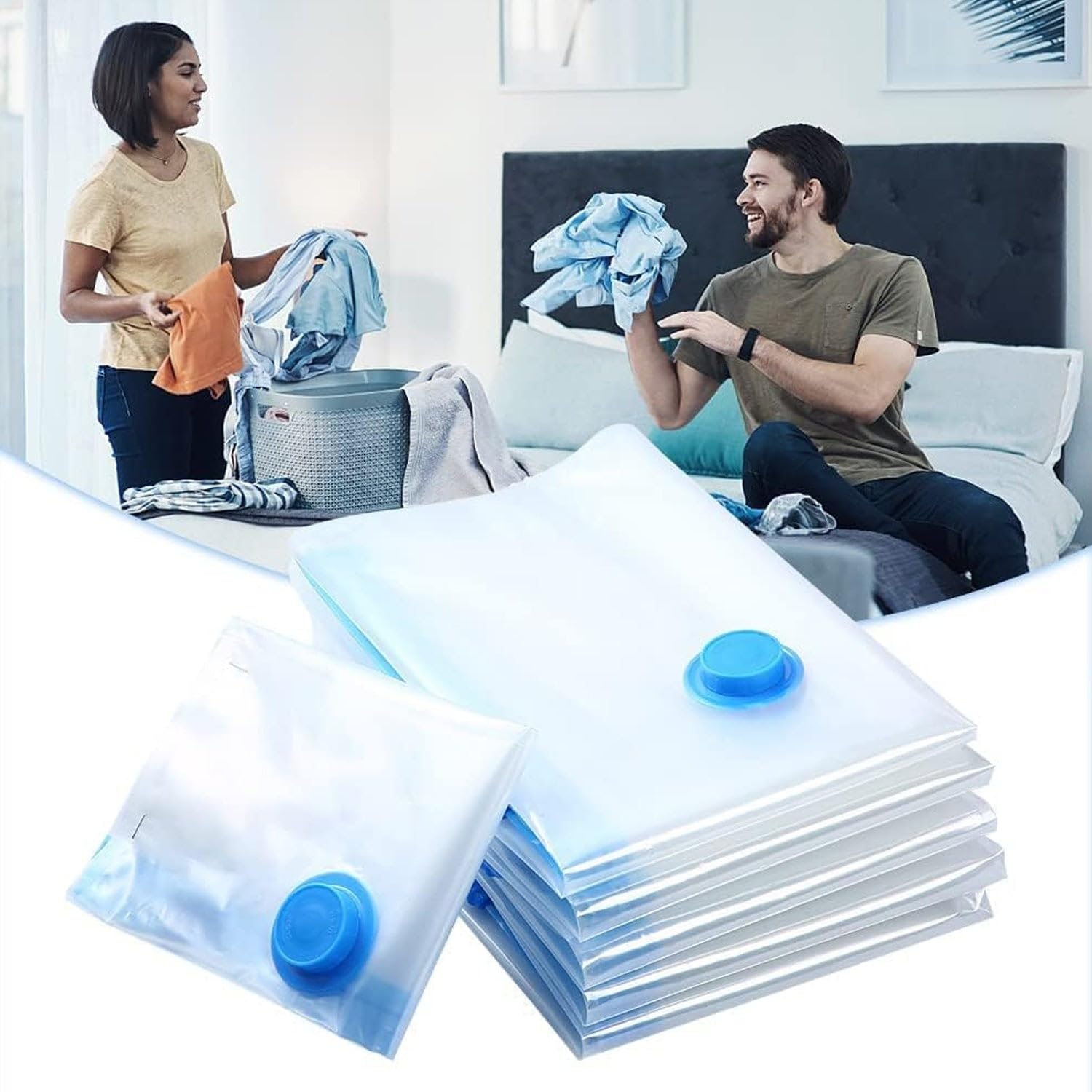 Climity Vacuum Storage Bags Set  5 Pcs Compression Bags With Suction Pump & Shirt Clips | Space Saver Bags For Clothes, Blanket