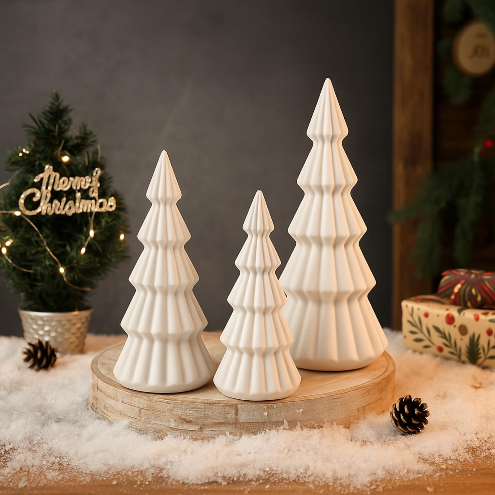 Relaxgiant Set of 3 Velvet Ceramic Christmas Trees Decoration Large Modern Velvet Cone Christmas Tree Figurine Decor Holiday Xma