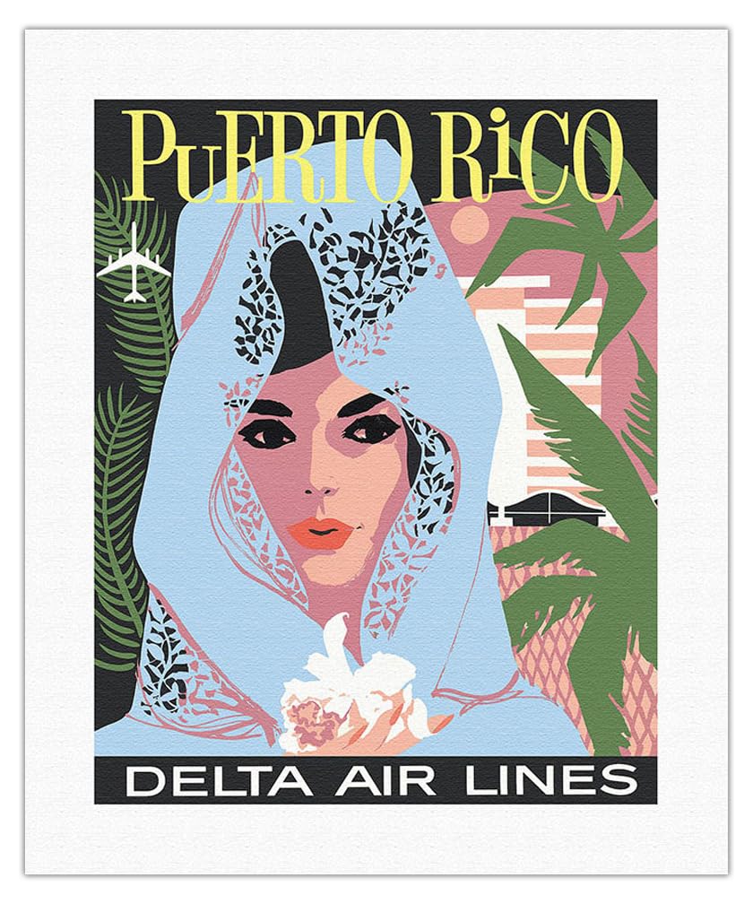 Puerto Rico - Delta Air Lines - Woman In Blue Lace Mantilla - Vintage Airline Travel Poster By John Hardy C.1960S - Fine Art Rol