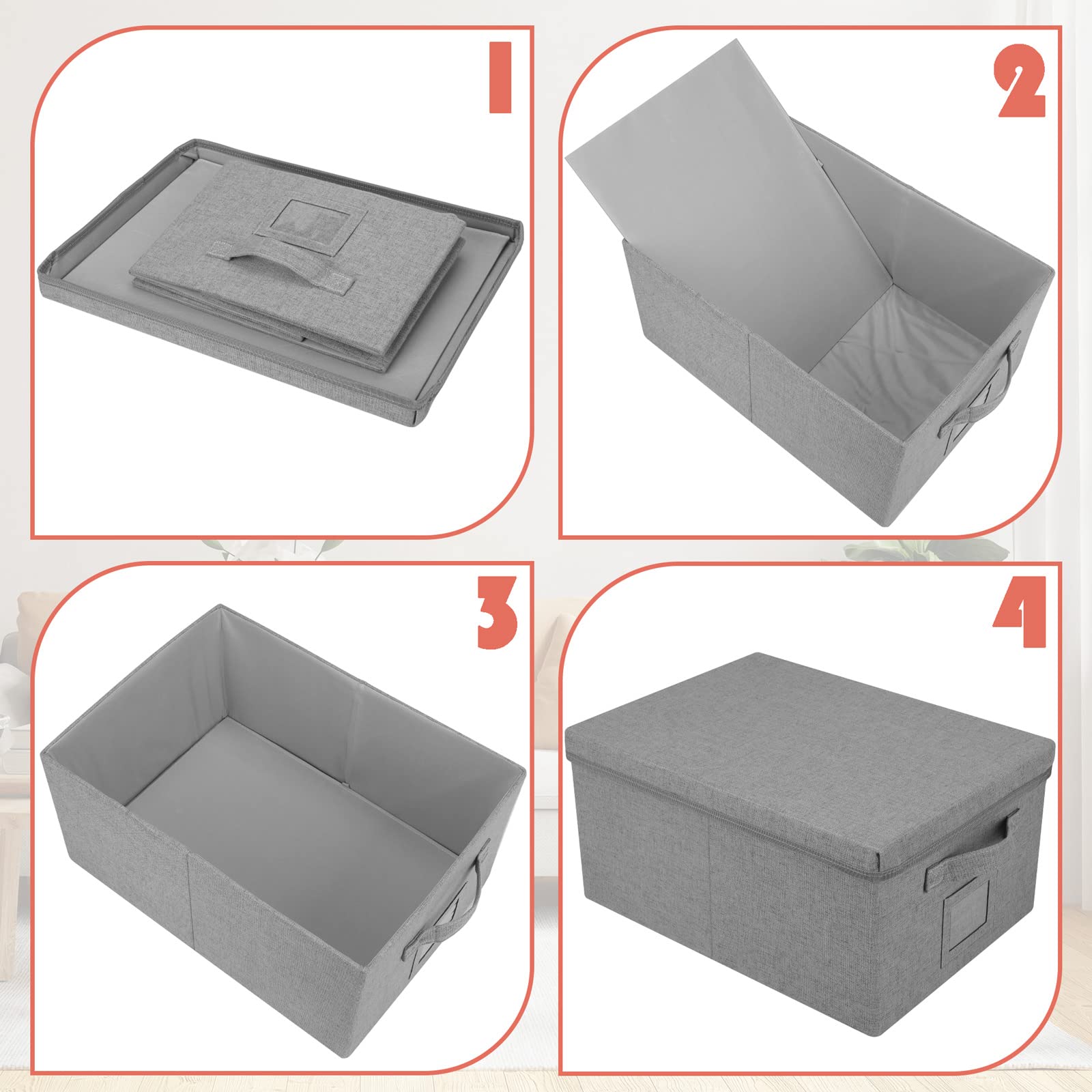 Graciadeco 22.8Qt Closet Storage Boxes With Lids Gray Folding Keepsake Storage Bins Stackable Flat Lidded Carboard Storage Conta