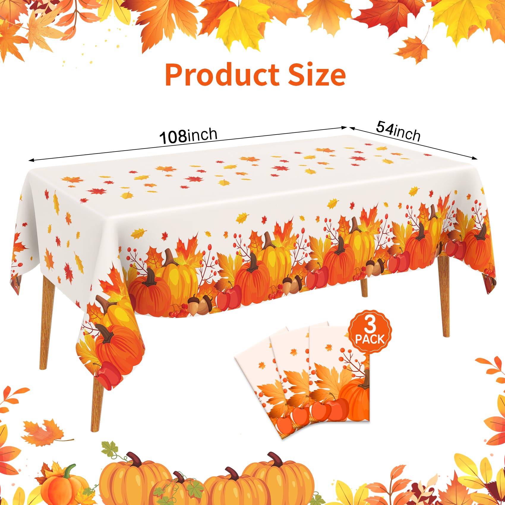 Slergut Thanksgiving Tablecloth Disposable 3 Pack, Thanksgiving Decorations for Party Fall Tablecloth Plastic 54 x 108 Table Dec