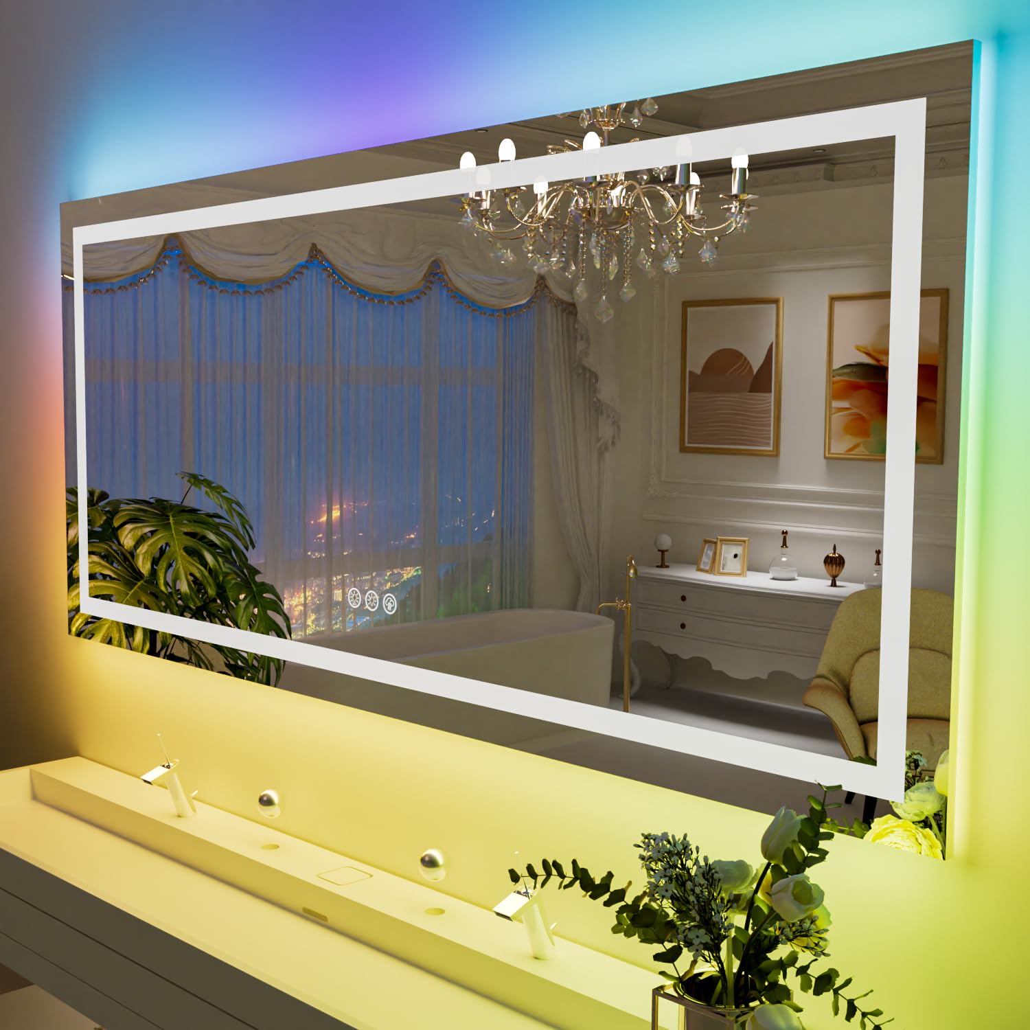 Loaao 55   X36 Rgb Led Bathroom Mirror With Lights, Large, Anti-Fog, Dimmable Smart Lighted Bathroom Vanity Mirror, Multiple Lig