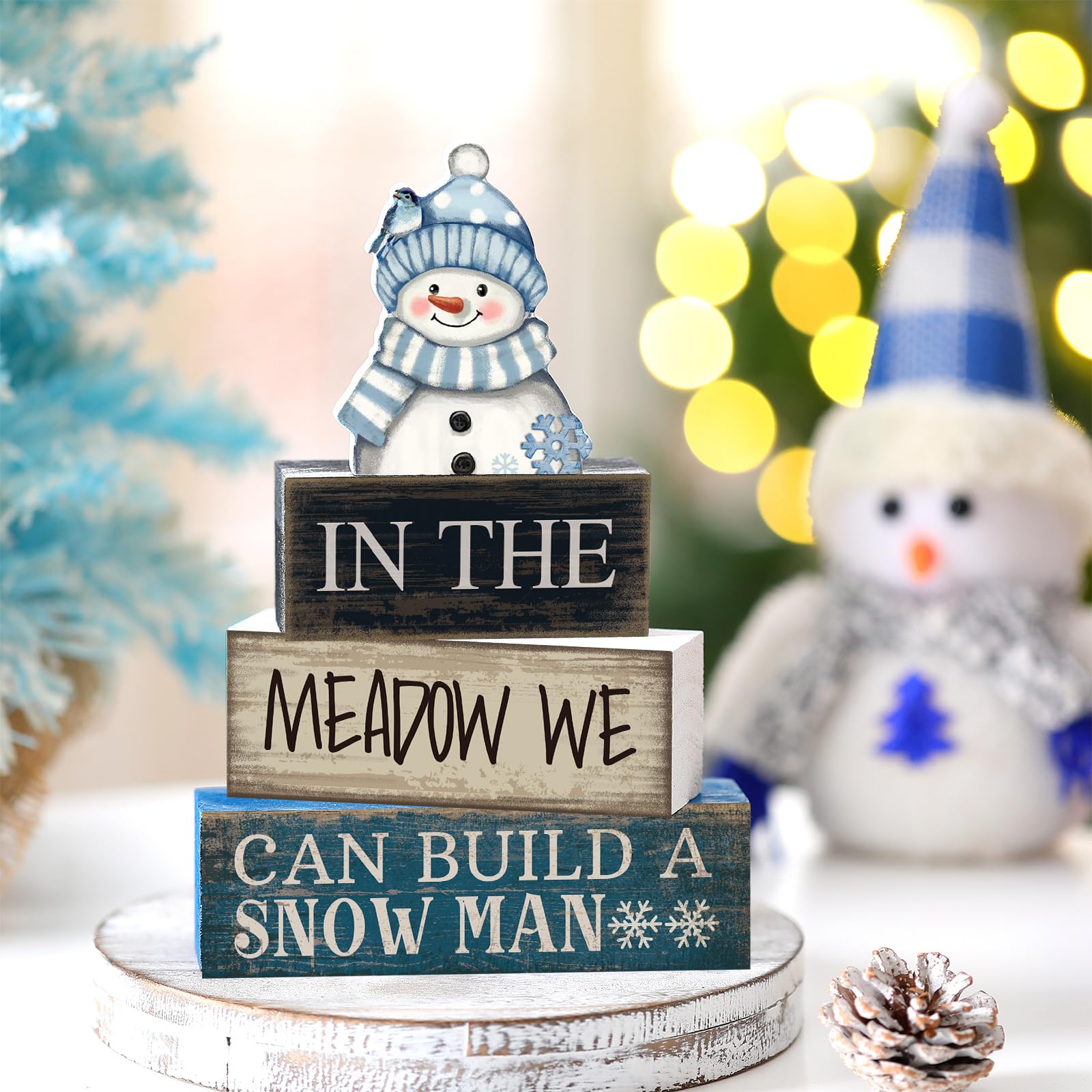 Yuntau 4 Pcs Christmas Table Decorations Wooden Snowman Winter Tiered Tray Decor Rustic Block Signs Gift Farmhouse Christmas Cen