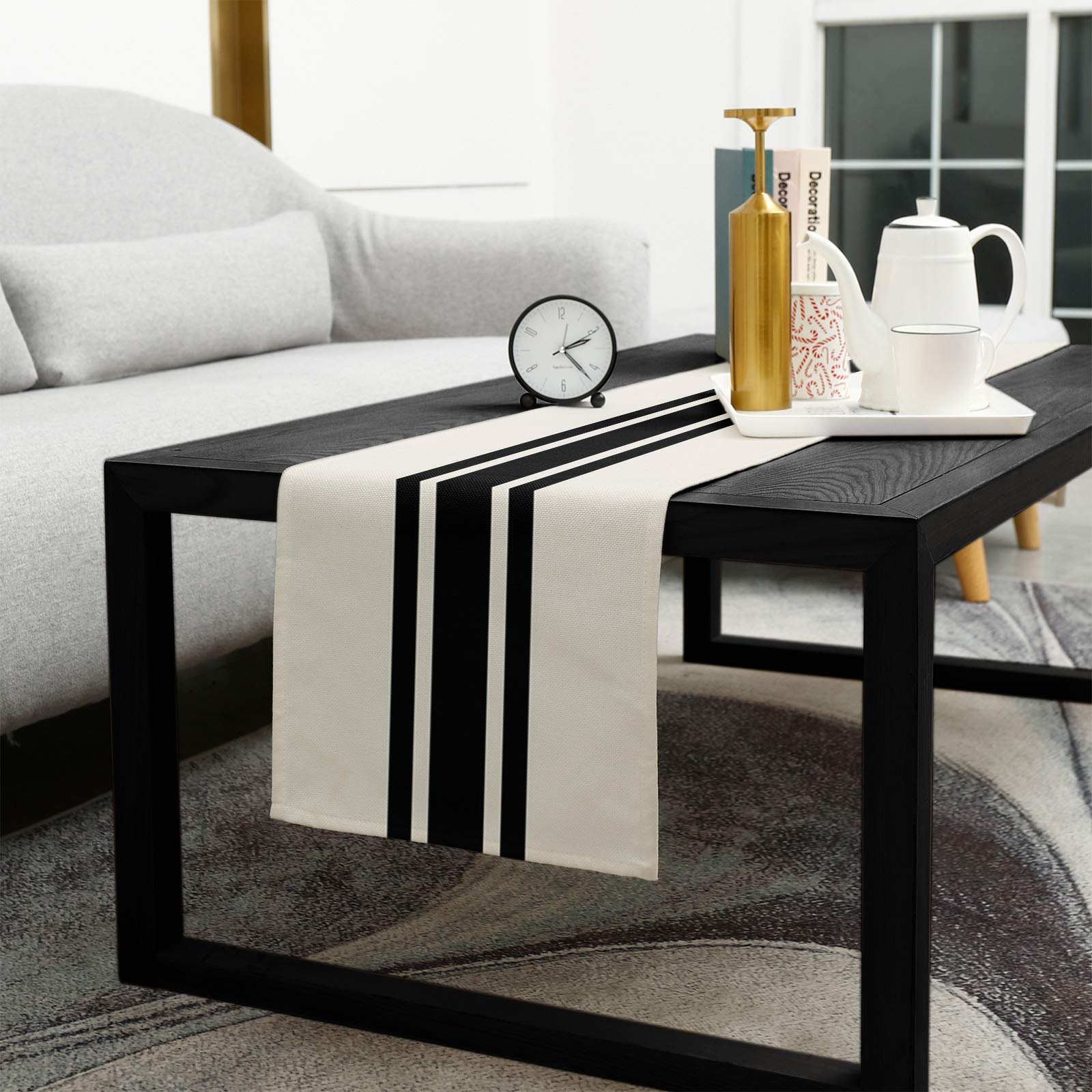 Rural Farmhouse Black Line Stripes Burlap Table Runner 108 Inches, Beige Bed Runner Dresser Scarves Tabletop For Indoor Outdoor