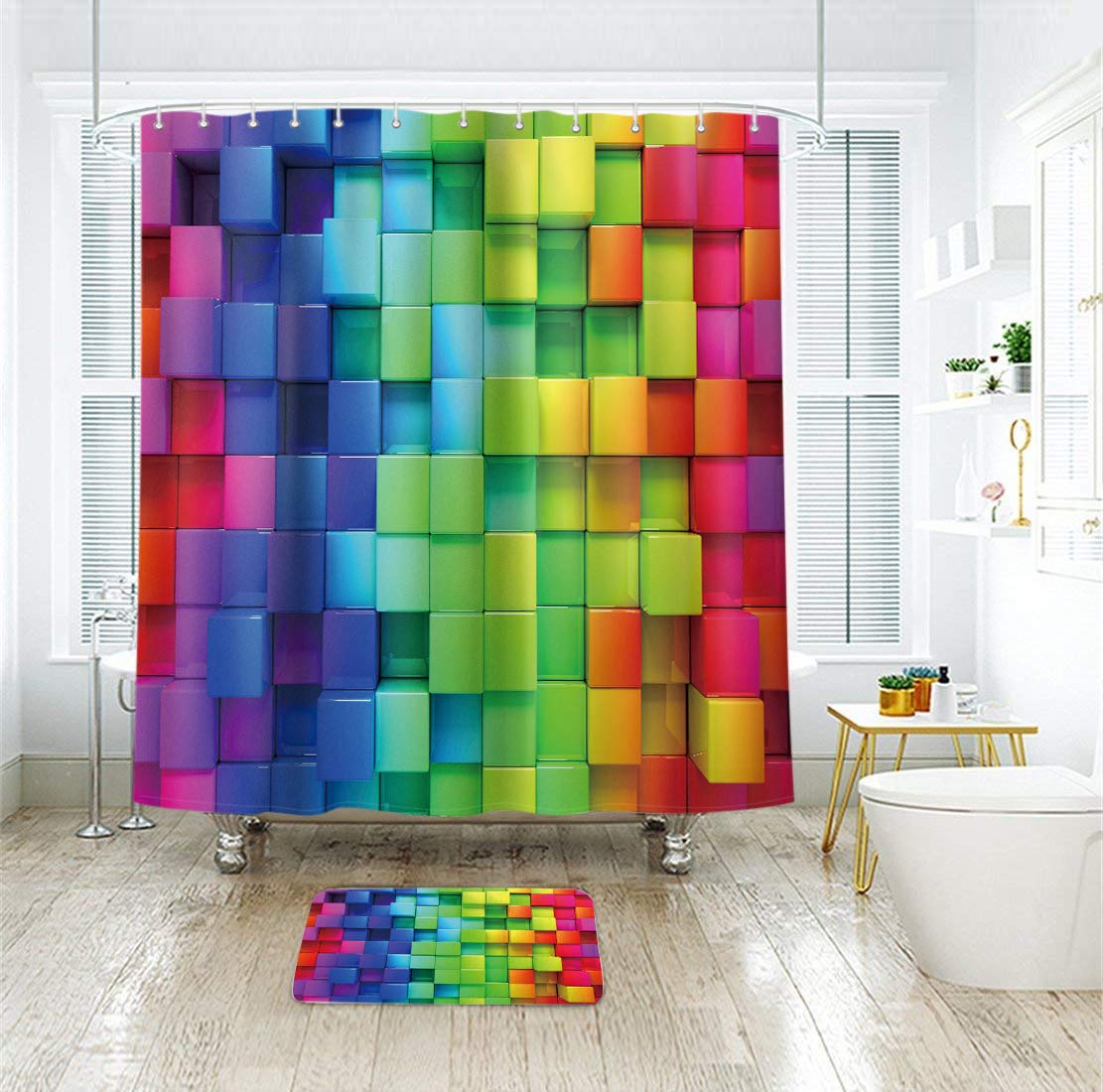 Riyidecor Colorful Rainbow Brick Wall Shower Curtain Bright Geometric Plaid 72Wx72H Inch Abstract Neon 3D Plastic Hooks 12 Pack