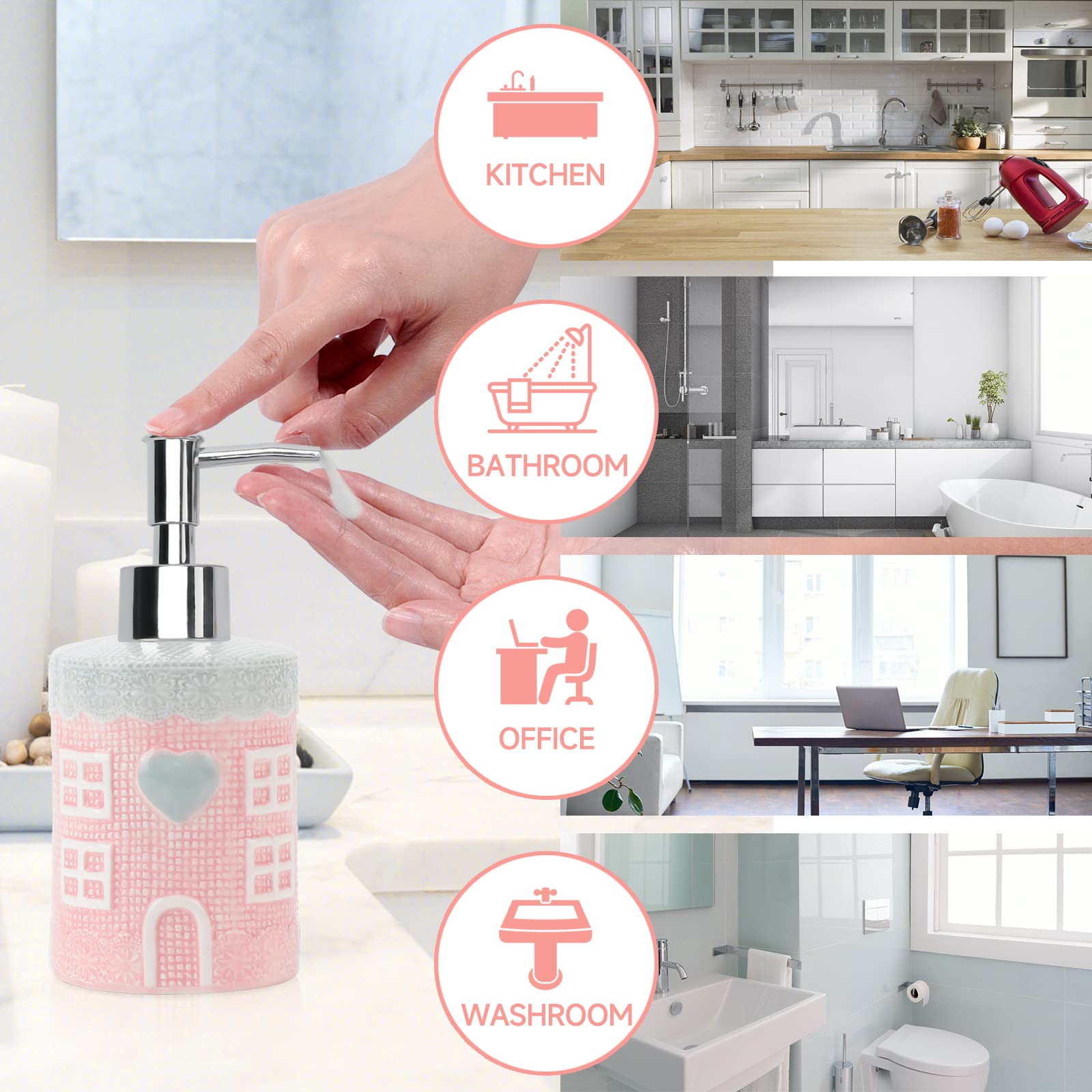 Soap Dispenser, 12.35Oz Ceramic Soap Dispenser With Silver Pump, Decorative Pink House Design Liquid Dish Soap Dispenser For Bat