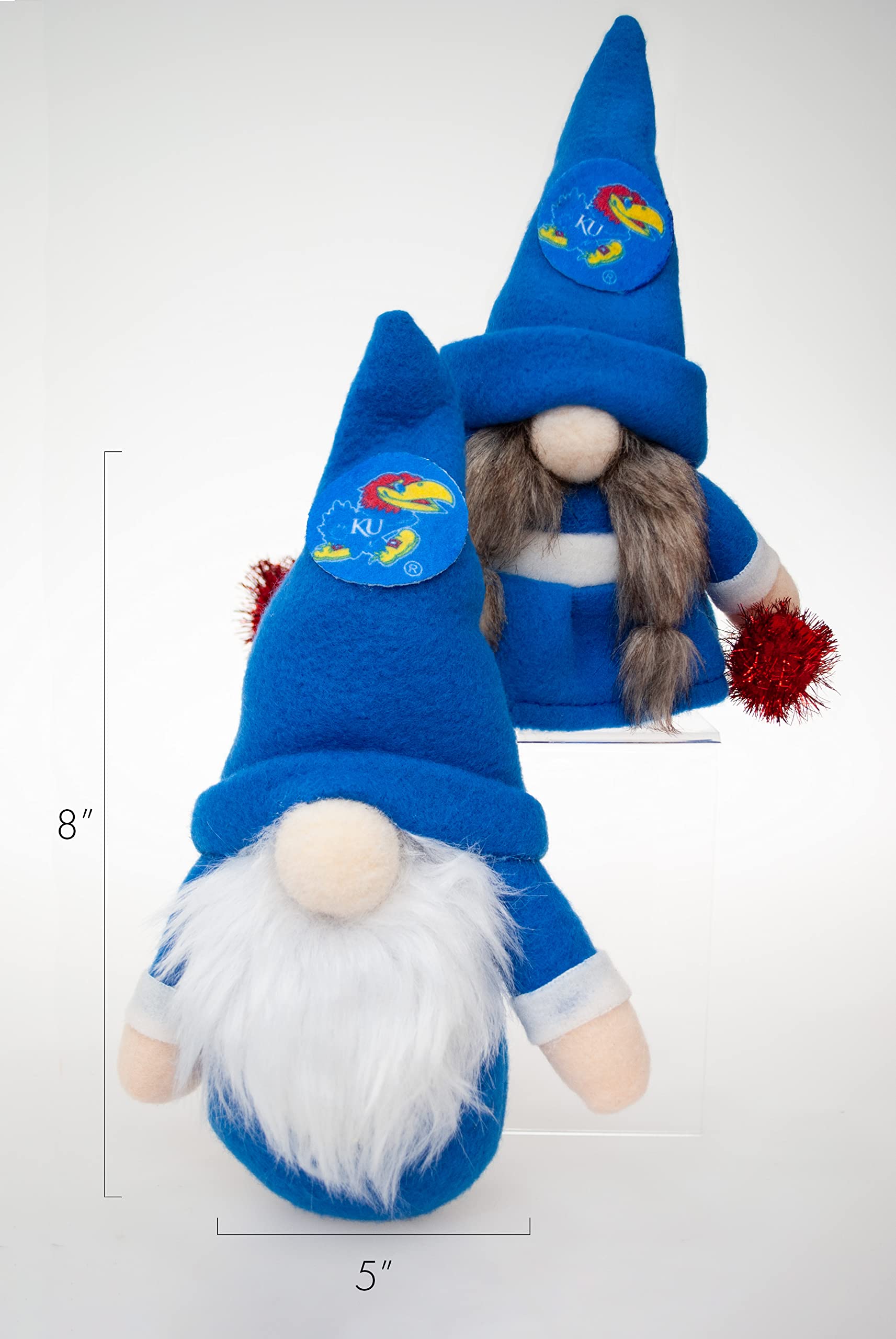 University of Kansas Jayhawks Set of 2 Plush Gnome Christmas Tree Ornaments by Hannas Handiworks - Fan/Cheerleader Holiday/Dorm