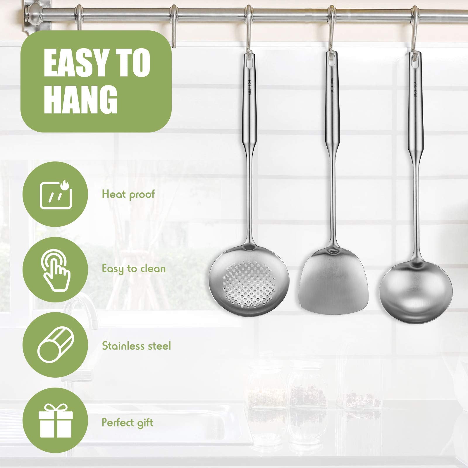 Patelai 3 Pcs 15In Wok Spatula And Ladle, 304 Stainless Steel Wok Utensils All Metal, Utensils Skimmer Ladle Tool Set For Carbon