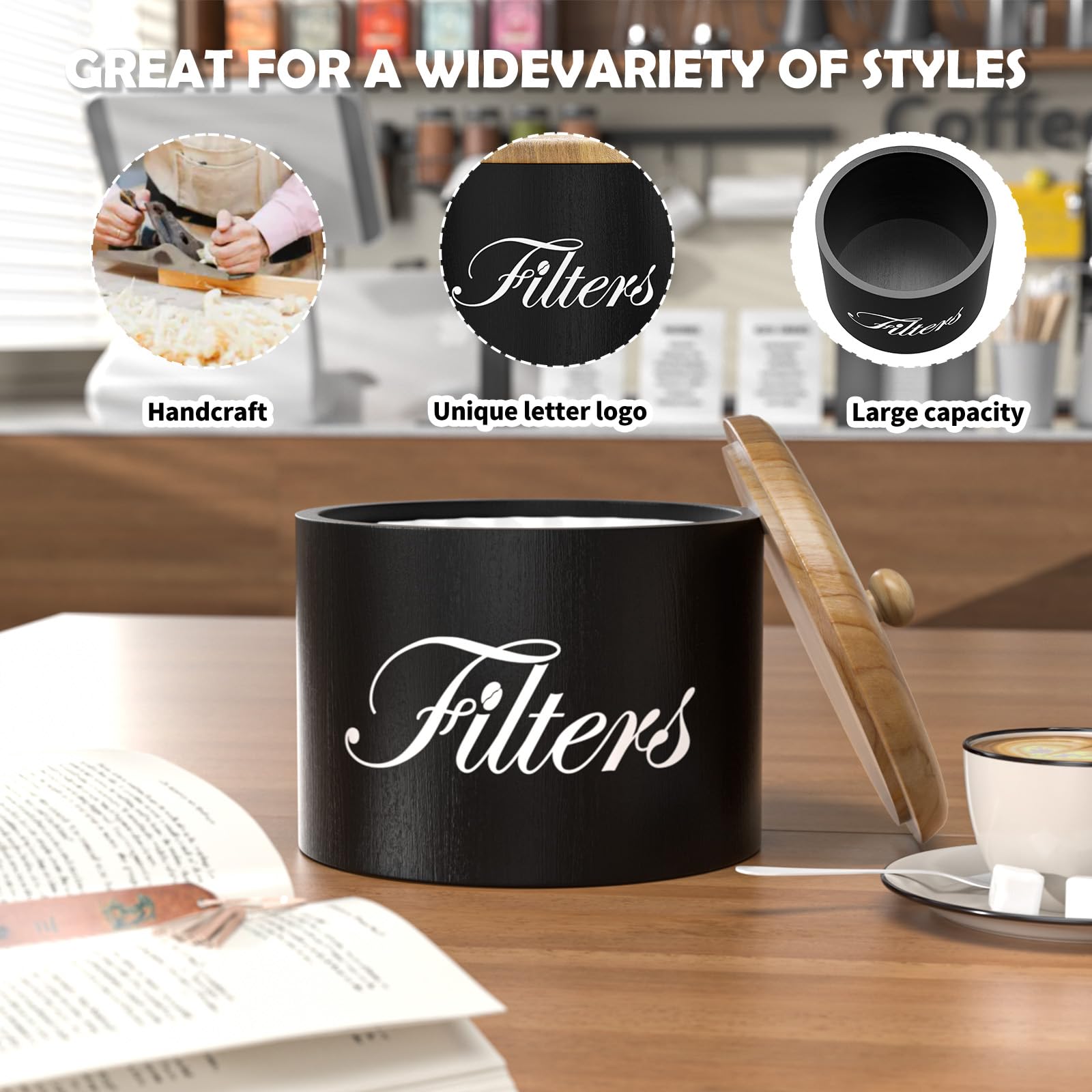 Coffee Filter Holder, Wooden Coffee Filter Storage With Lid, Round Coffee Filter Container For Counter, Rustic Farmhouse Coffee