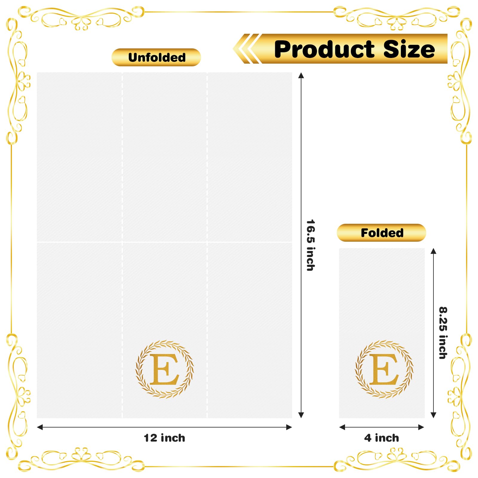 100 Gold Monogram Disposable Napkins - Letter E Hand Towels Decorative, Dinner Napkins For Guest, Monogrammed Hand Towels For Ba