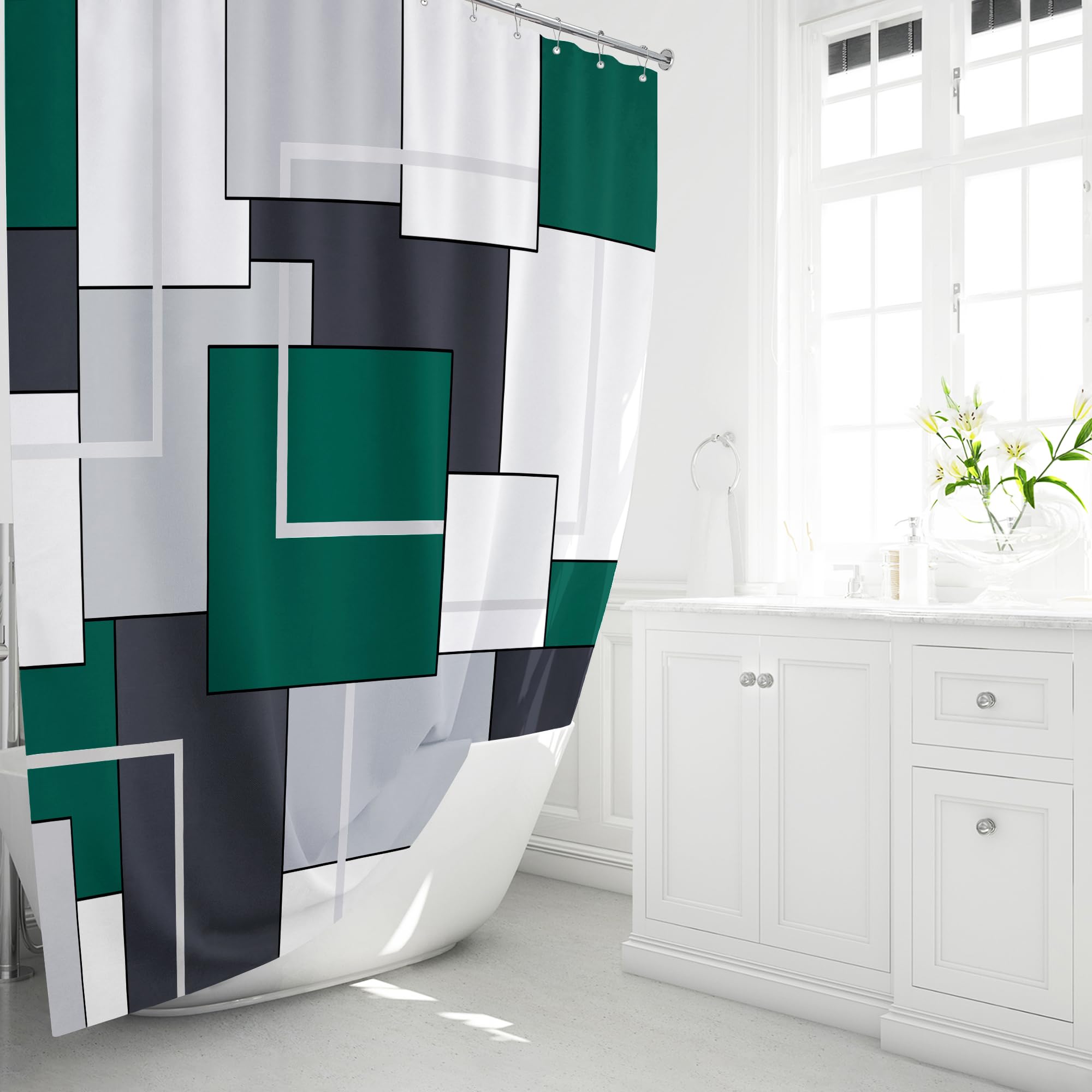 Bttn Emerald Green Shower Curtain, Geometric Fabric Shower Curtain Set With Plastic Hooks, Machine Washable, Water Repellent, Mo