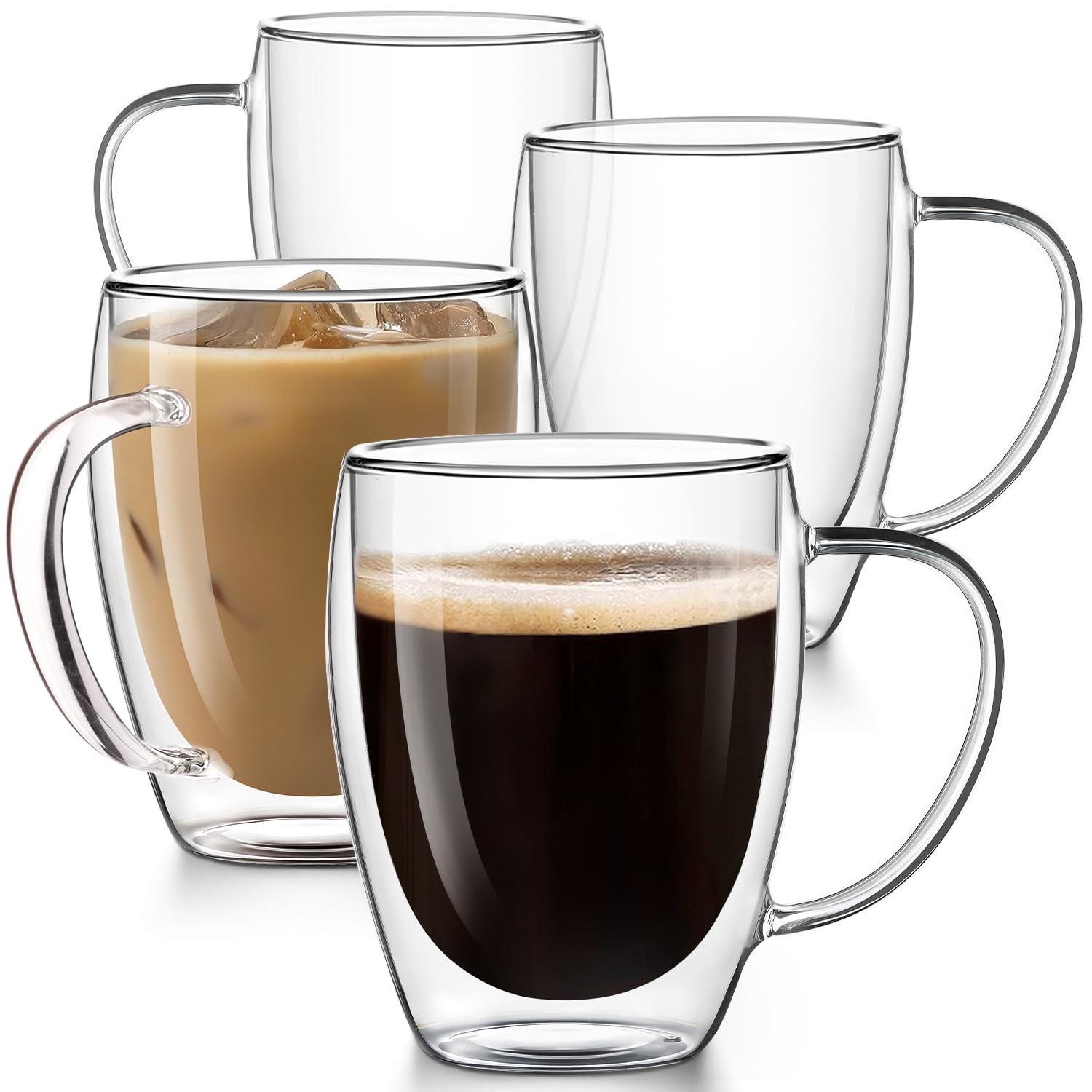 Potdoctor Double Walled Glass Coffee Mugs Set of 4, 12.5OZ Hand Blown Insulated Clear Glass Coffee Cups with Handle,Perfect for 
