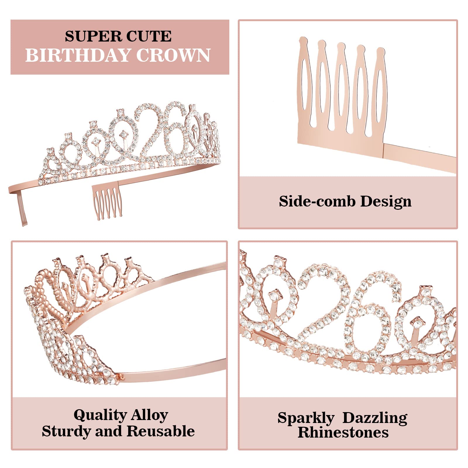 Juesly 26Th Birthday Sash And Tiara For Women Including Birthday Crown, 26 & Fabulous Sash, 26 Candles And Cake Topper, 26Th Bir