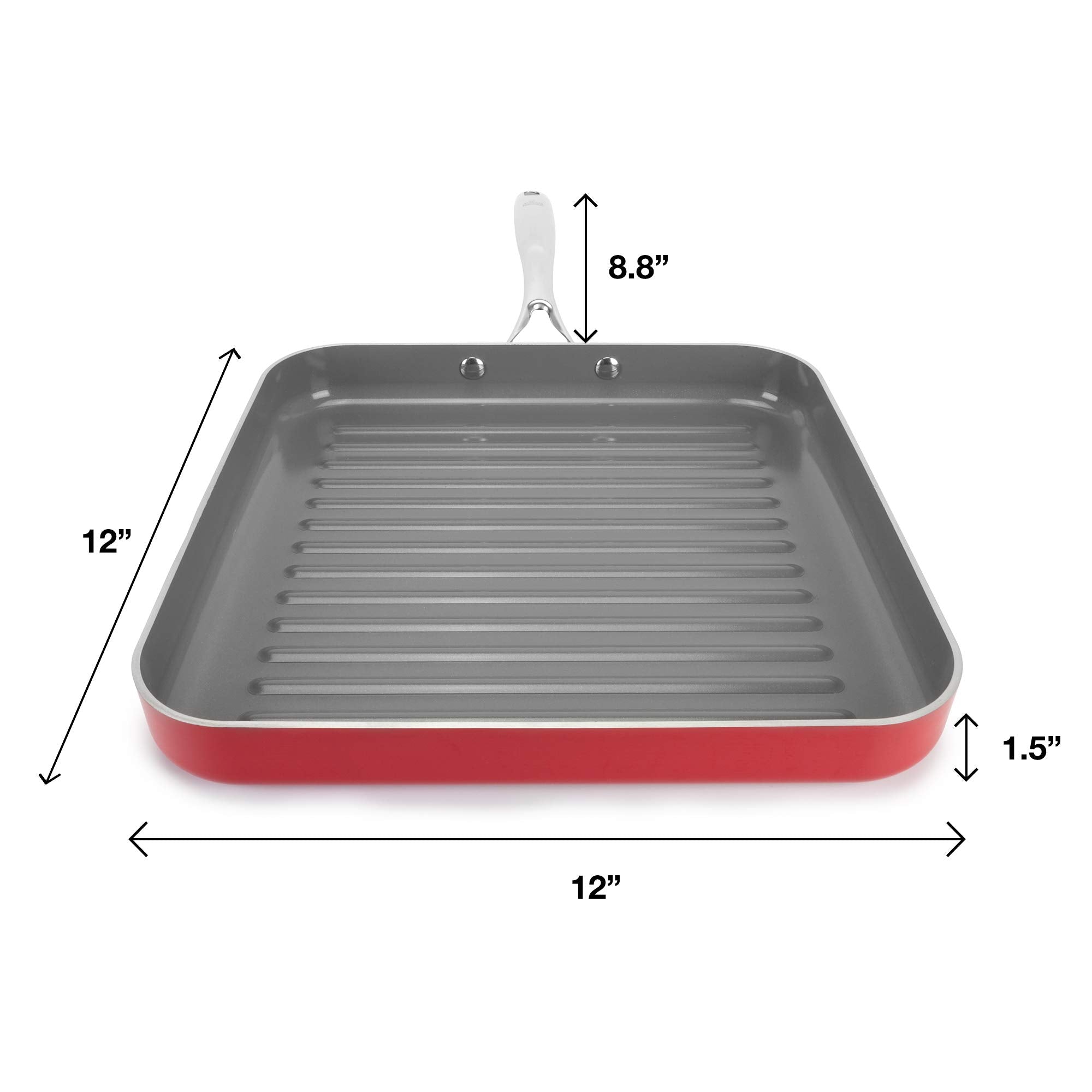 Eazy Mealz Square Non-Stick Grill Pan For Stove, Light Weight, Perfect Grill Marks, Oven Safe Up To 500 Degrees, Extra Large, 12
