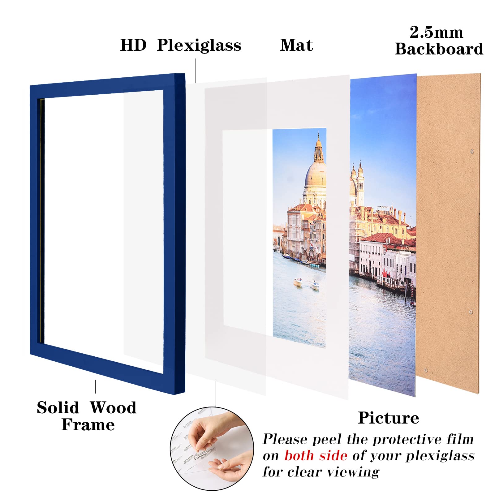 wyooxoo 8x10 Picture Frame Set of 2 Dark blue Made of Solid Wood Photo Frames Display Pictures 5x7 with Mat or 8x10 Without Mat