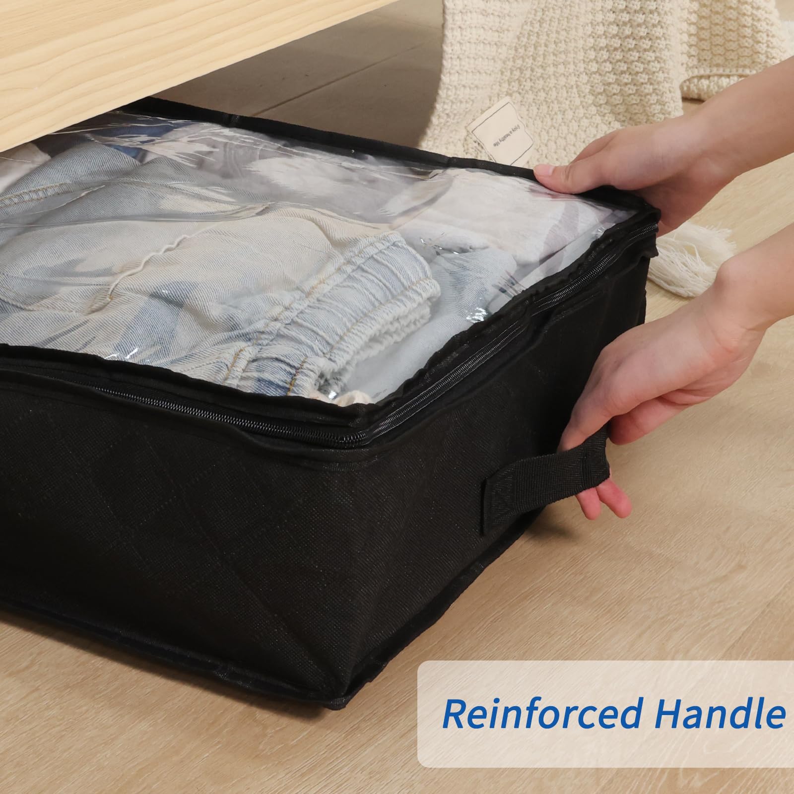 Fixwal Black Underbed Storage Bags with Clear Window and 2 Reinforced Handles Under Bed Storage Containers for Clothing, Bedding