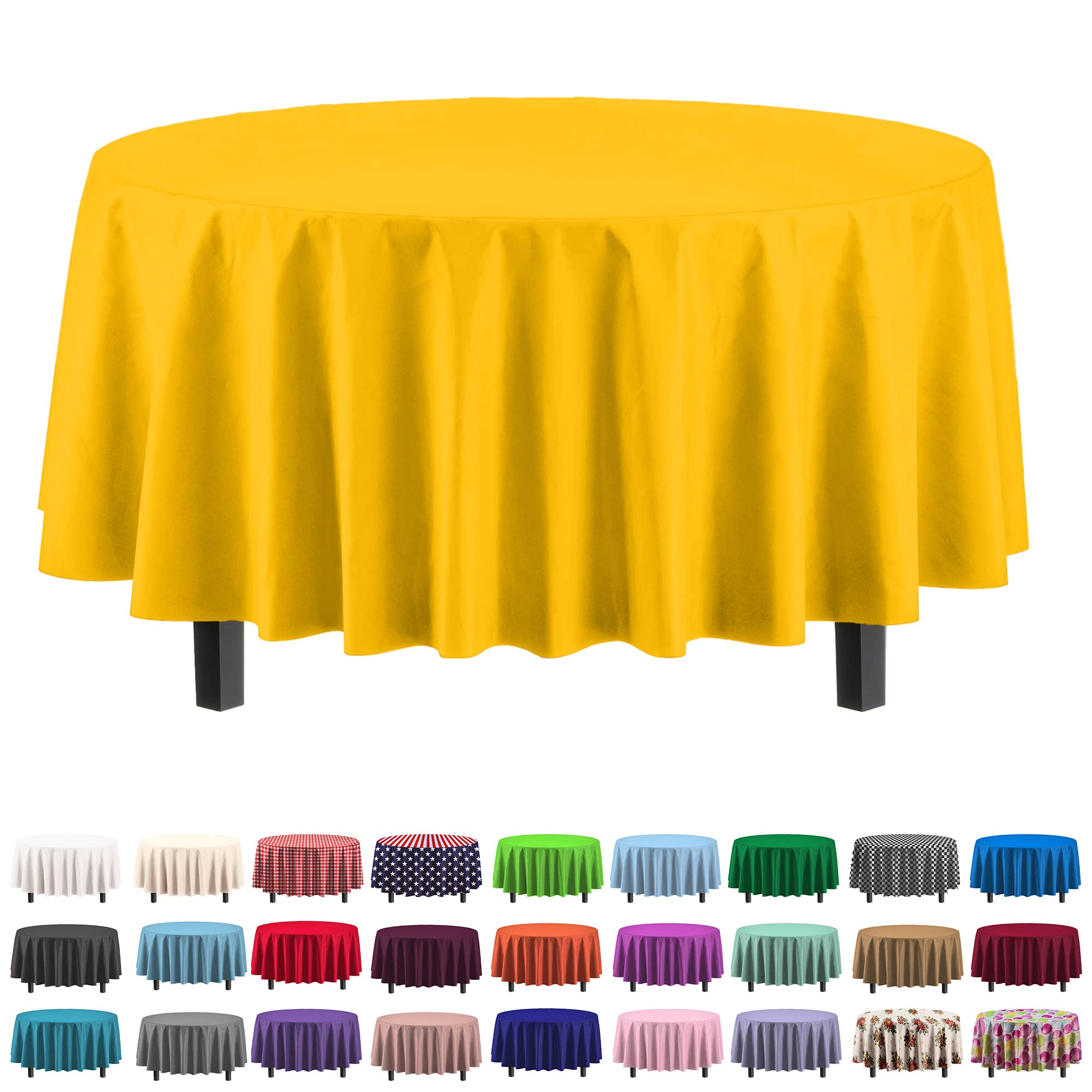 Exquisite 6-Pack Premium Plastic Tablecloth 84In. Round Plastic Table Cover - Yellow