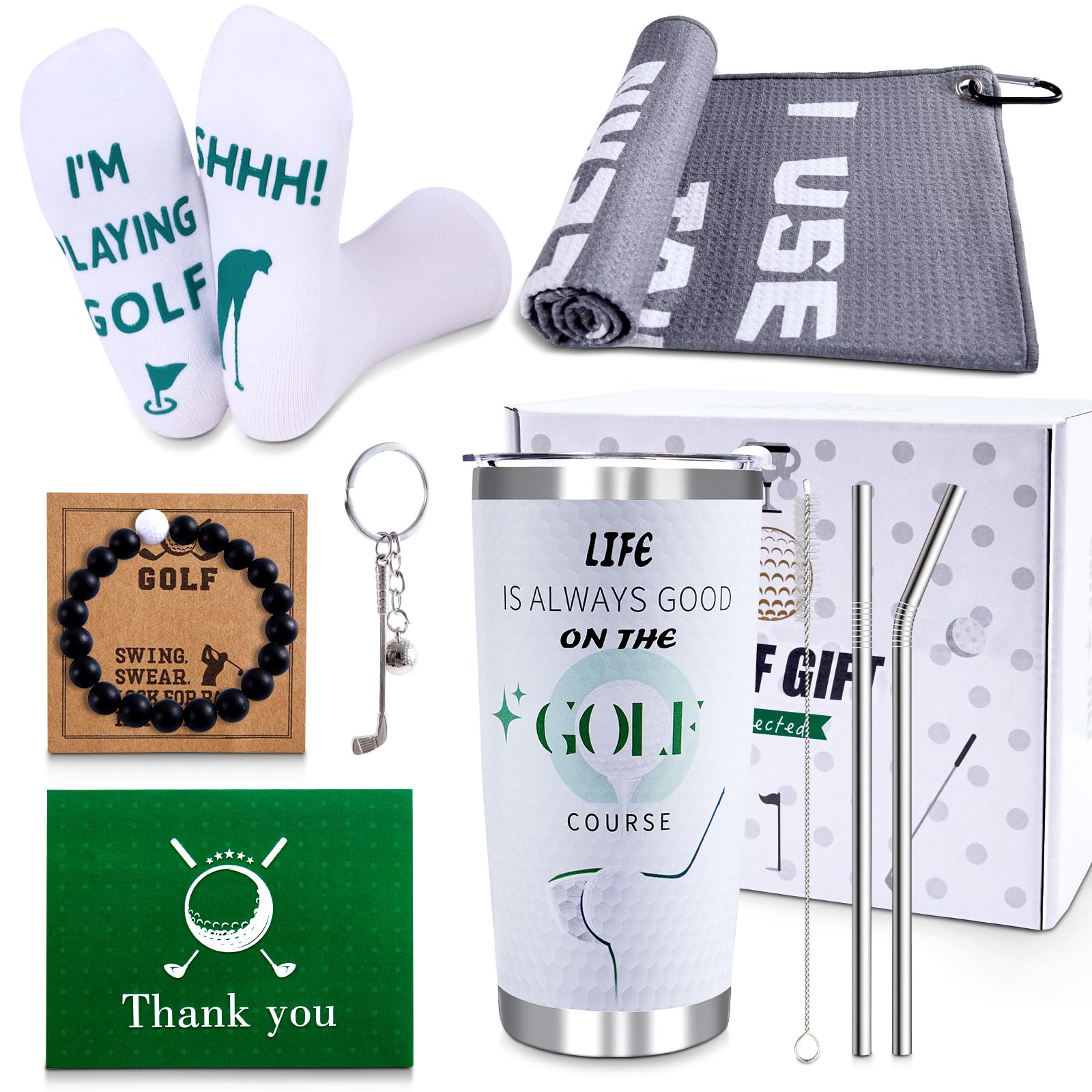 Cakka Golf Gifts For Men, 2024 9Pcs Cool Gifts For Golfer Basket Set Includes Tumbler Towel Socks Key Chain Bracelet Thanks Card