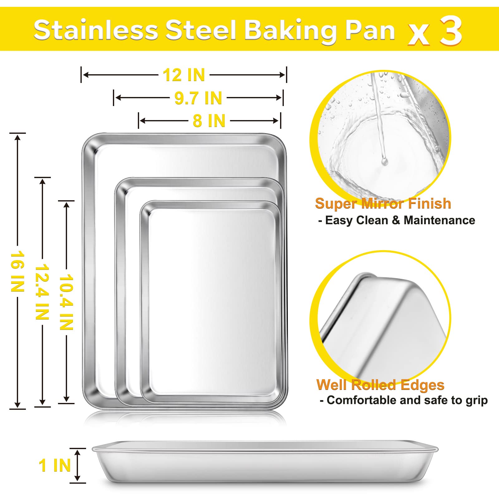 E-Far Baking Cookie Sheet Pan Set Of 3, 16/12.4/10.4 Inch, Stainless Steel Baking Pans Set For Oven, Rectangle Baking Tray For C