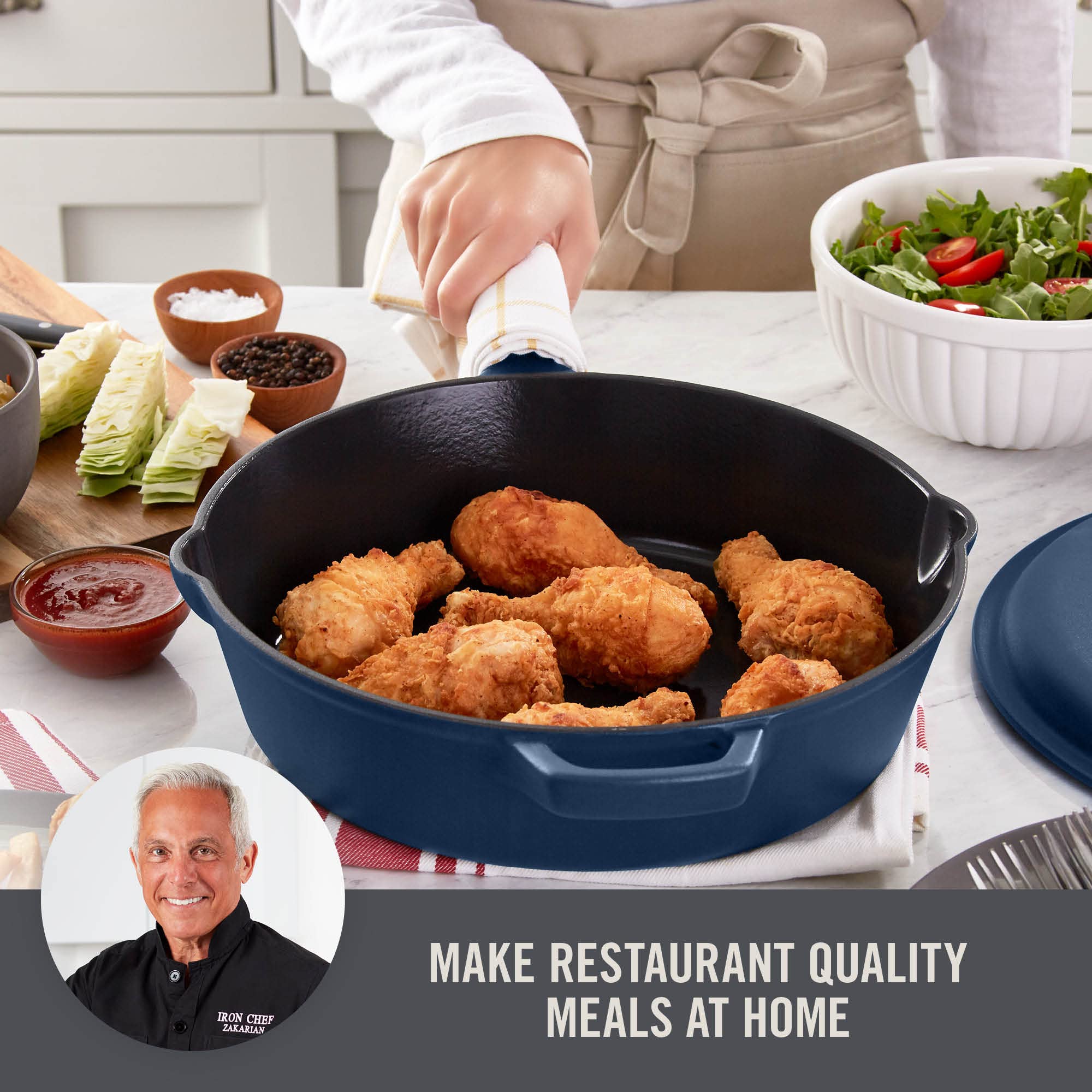 Zakarian By Dash 4.5Qt Nonstick Cast Iron Deep Skillet With Cast Iron Lid For Family-Sized Meals, Frying, Roasting, Baking, One-