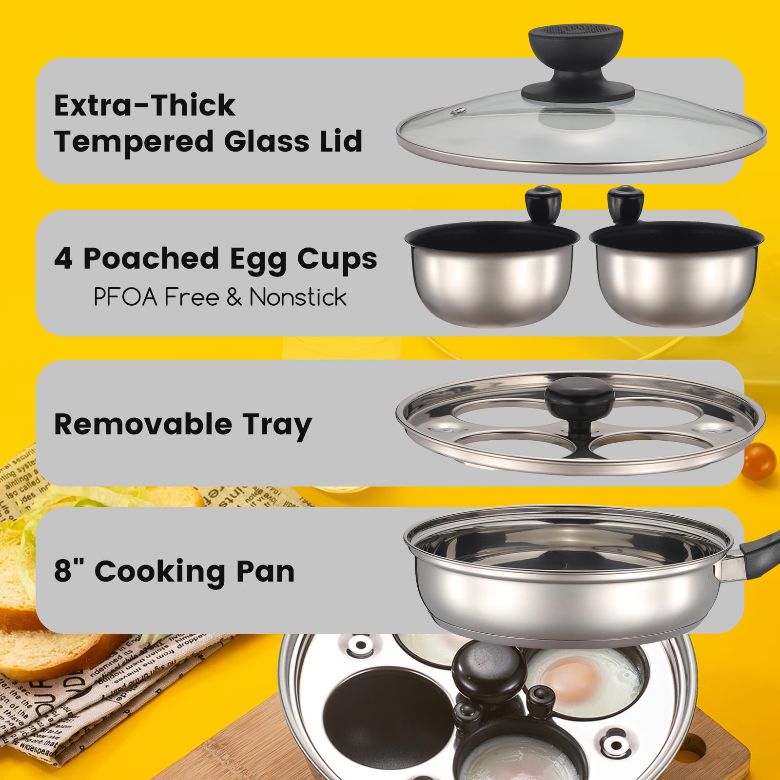 Marskitop Egg Poacher Pan Nonstick 4 Eggs, Poached Egg Pan Stainless Steel Poached Egg Cooker, Egg Poaching Pan Pfoa Free, Poach