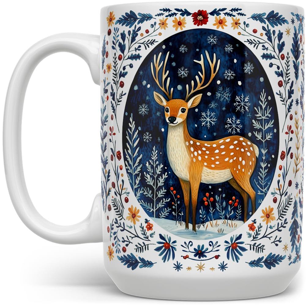 Loftipop Winter Woodland Nature Deer Ceramic Coffee Mug, Cute Whimsical Festive Christmas Holiday Gift Cup for Mom Daughter Frie