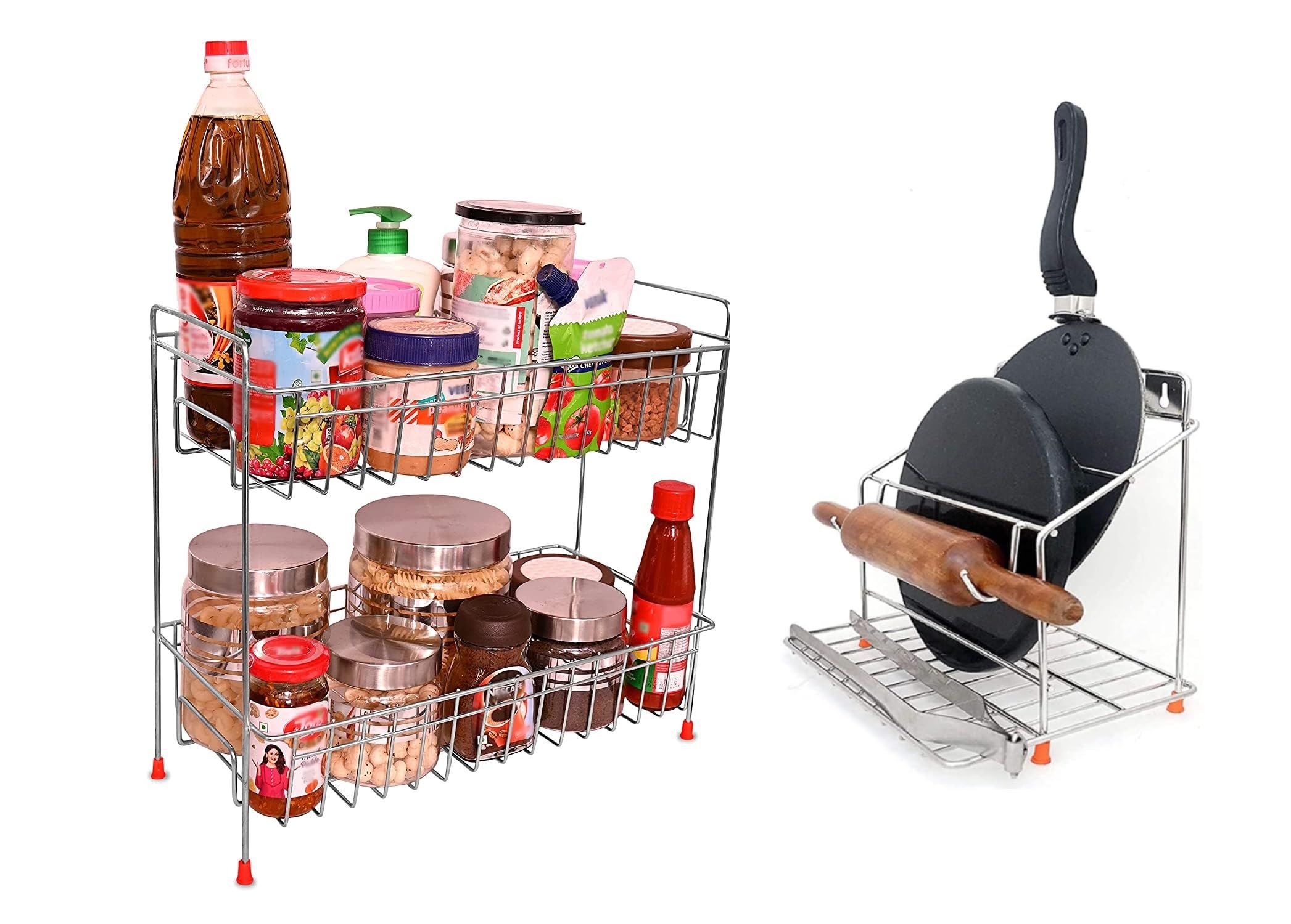 Cr18 Collection Combo Stainless Steel Heavy Built Strong 2 Layer Spice Rack/Fruit & Vegetable Rack/Kitchen Storage Chakla Belan 