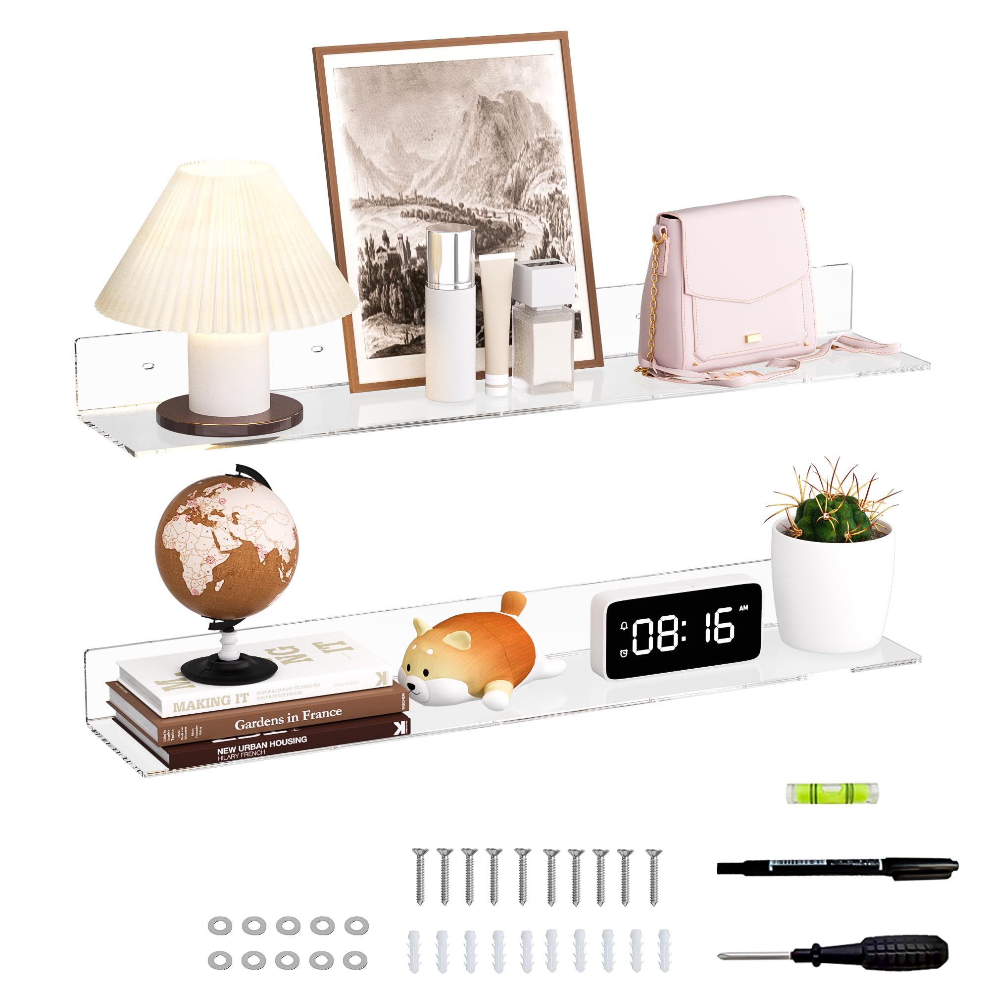 Sezanrpt 30 Inches Clear Long Floating Shelves for Wall, Acrylic Wall Shelf for Plants, Radio, Funko Pop, Books, Picture Frame, 