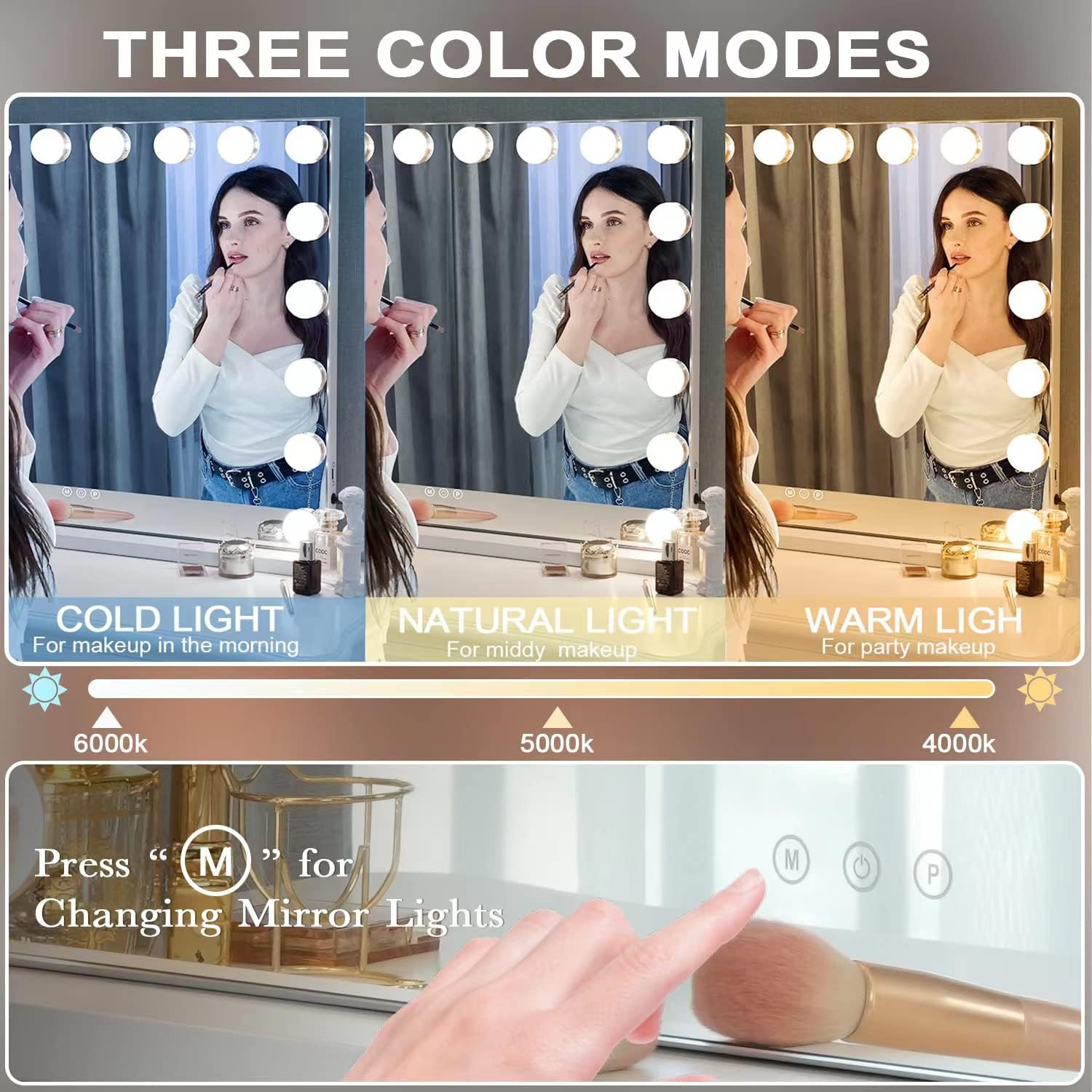 Kottova Vanity Mirror With Lights, Lighted Makeup Mirror With 18 Dimmable Led Bulbs, Hollywood Mirror, 3 Color Lightings, Usb Ch