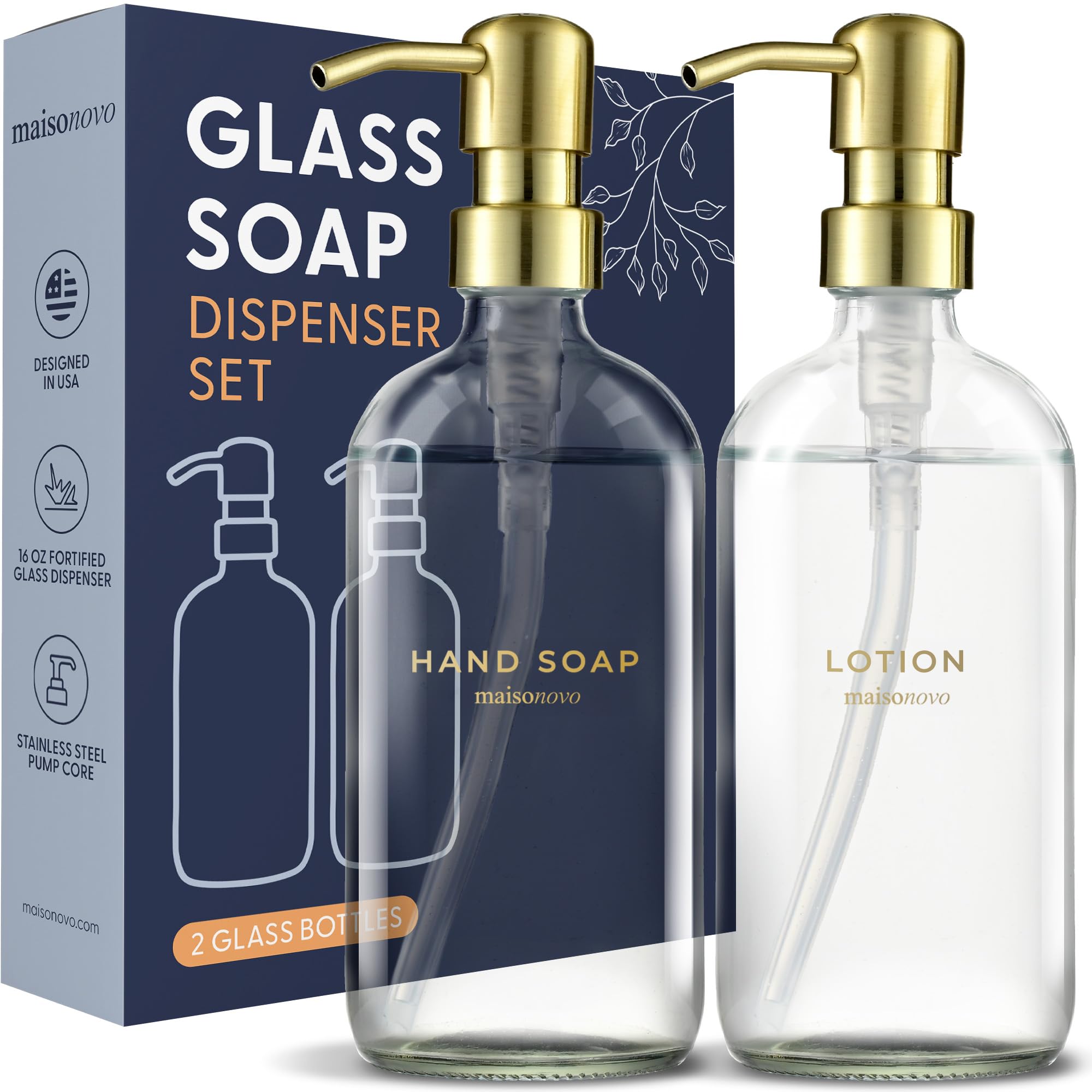 Maisonovo Bathroom Soap And Lotion Dispenser Set | 16.9 Fl Oz Clear Glass Gold Pumps X 2