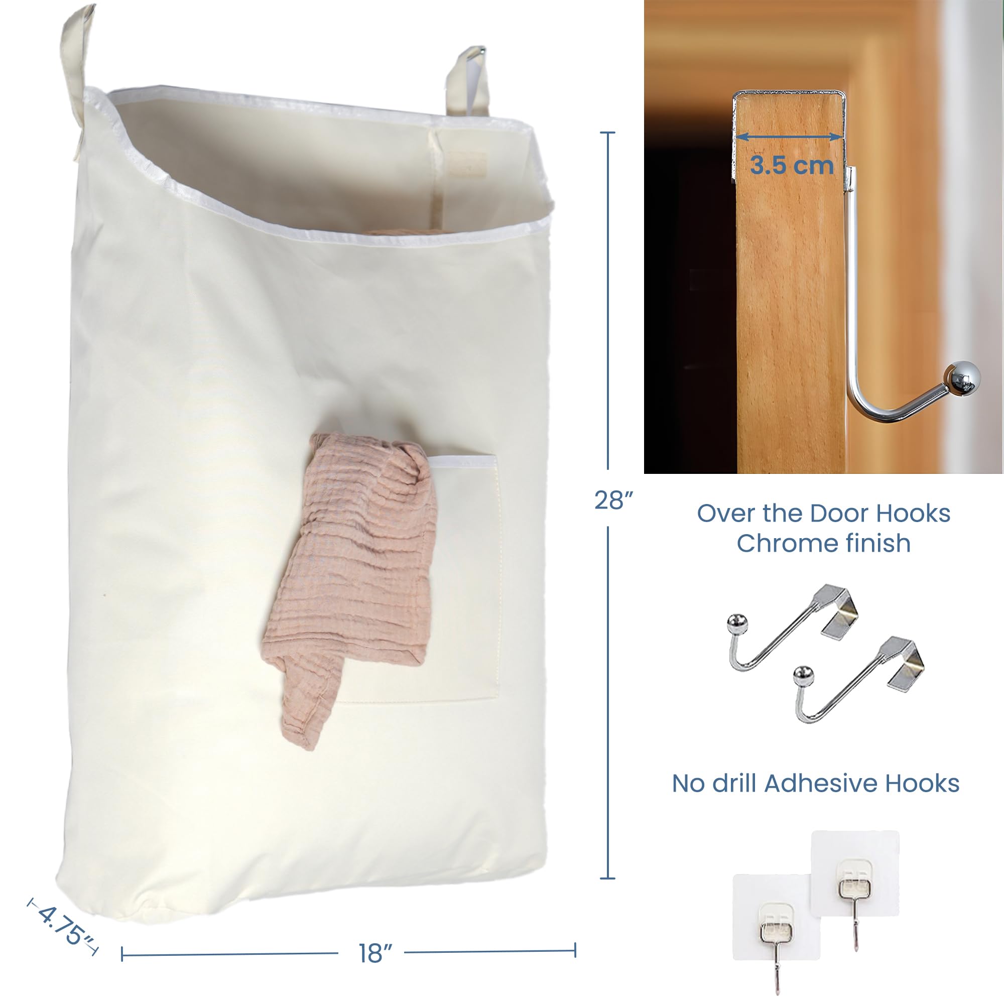 The Fine Living Co. Hanging Laundry Hamper With Over Door Hooks & Adhesive, Durable Space Saving Laundry Bag With Zipper And Wid