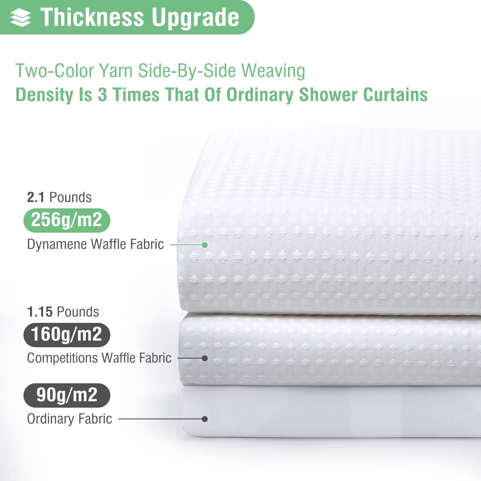 Dynamene Extra Long Shower Curtain - Waffle Weave Fabric, 84" x 72", Heavy Duty, White, Includes 12 Plastic Hooks