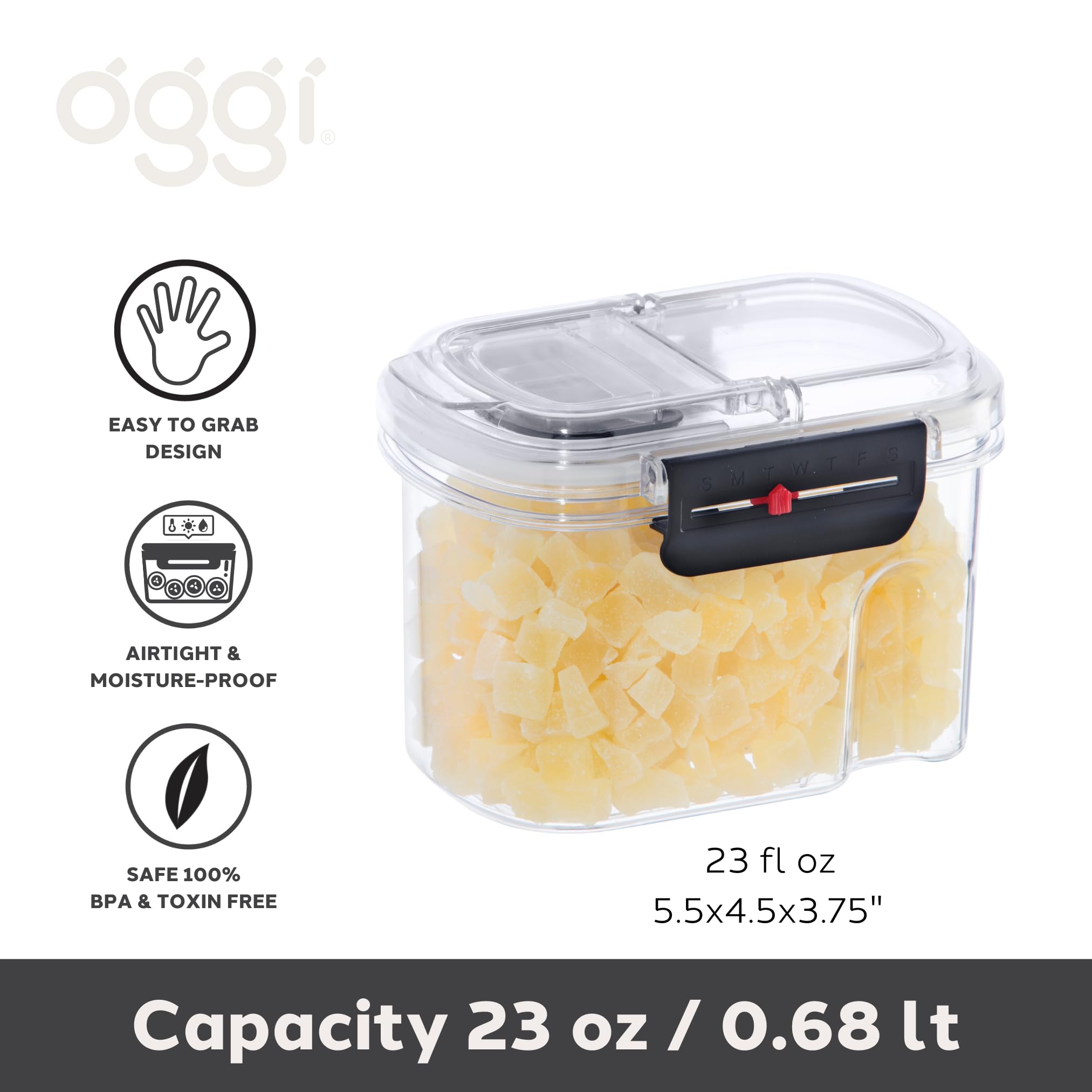 Oggi Easi Grip 23Oz Moisture Proof Storage Container, Ultra Clear Bpa-Free Sealable Canister, Flip Open Pouring Lid, Date Remind
