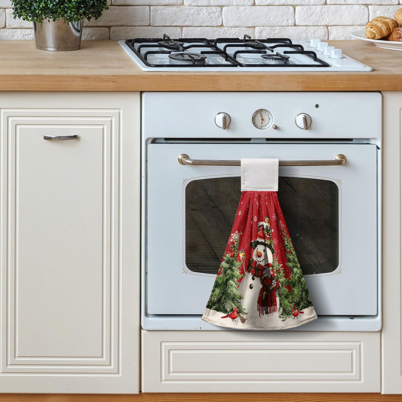 Winter Snowman Red Hanging Kitchen Towels Set Of 2 Christmas Snow Snowman Pine Tree Bird Hand Towel With Hanging Loop Xmas Farmh