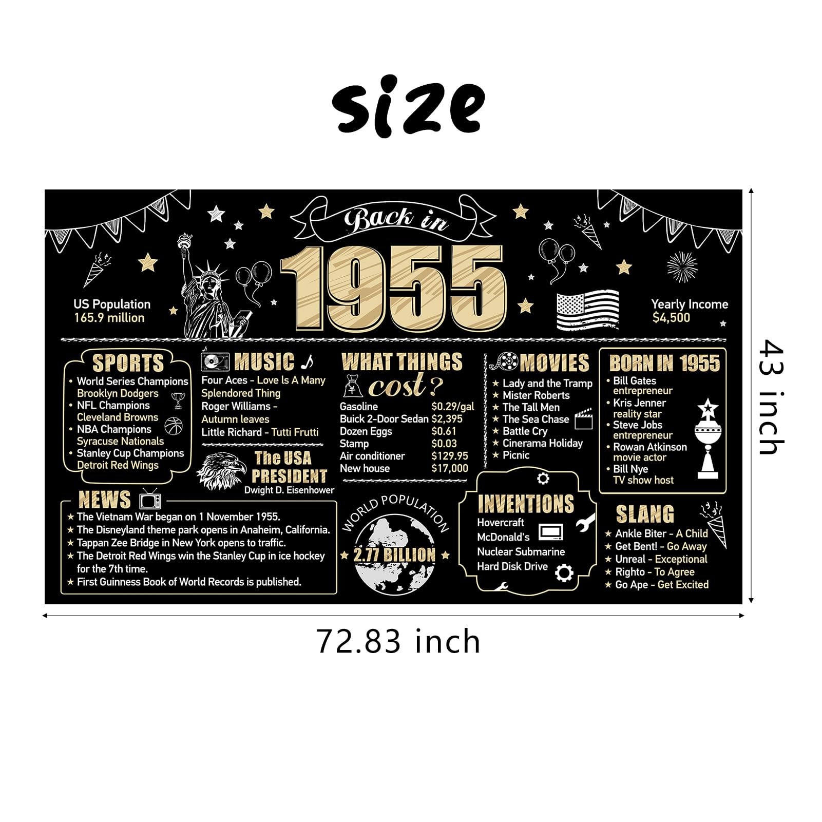 Eiurteao 70th Birthday Banner Decorations Back in 1955 Backdrop for Women Men, Black Gold Happy 70 Birthday Sign Party Supplies,