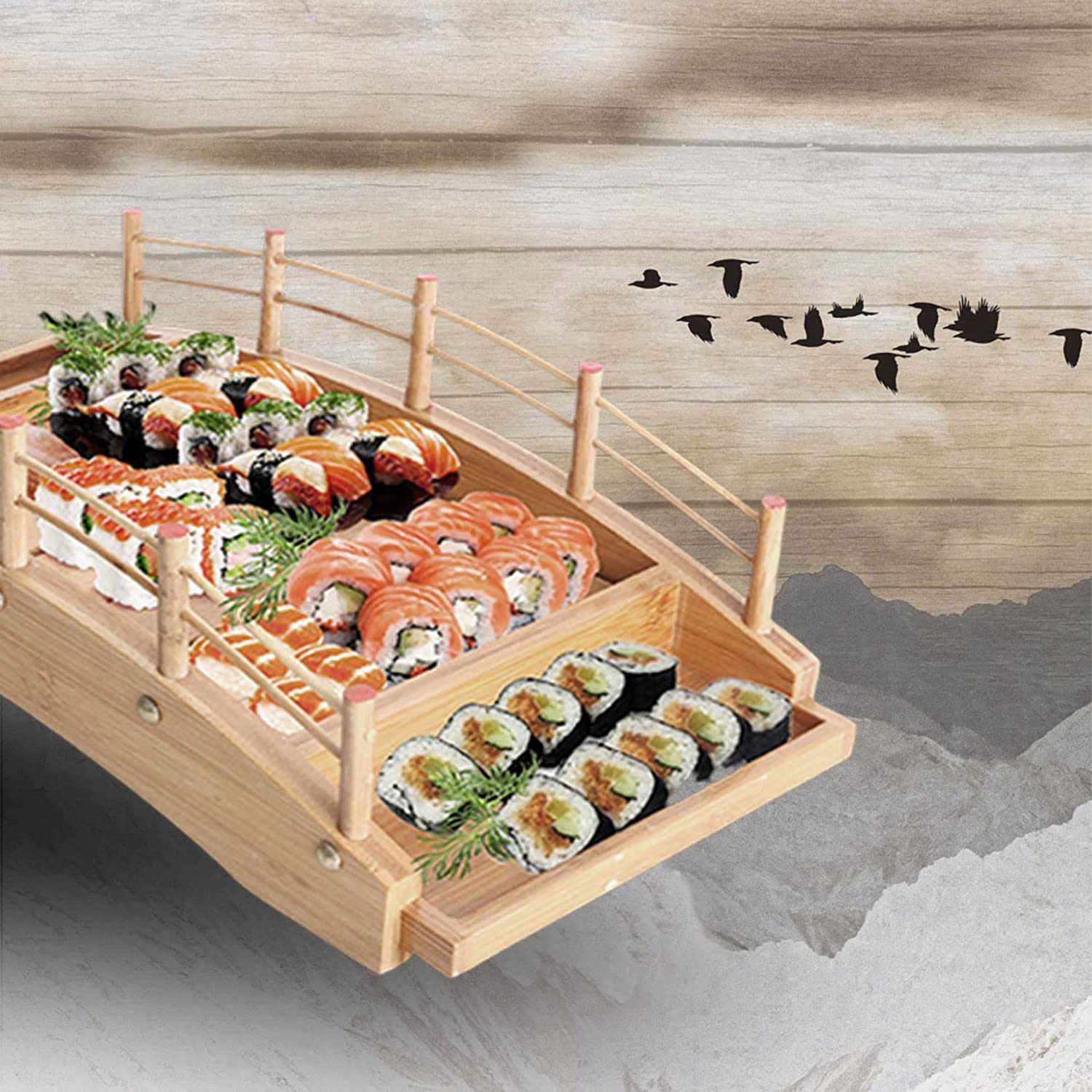 Bollaer Arch Bridge Sushi Boat, Sushi Tray Sushi Bridge Arched Bottom Sushi Sashimi Container Wooden Arched Bridge Sushi Plate S