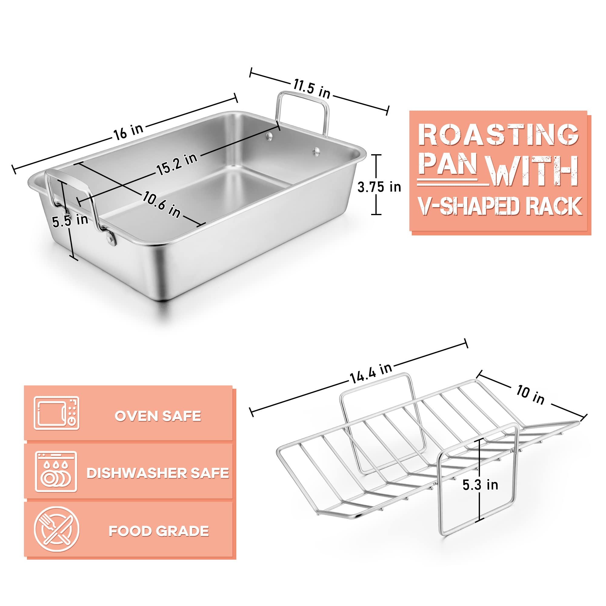 Leonyo Roasting Pan With V-Shaped Rack, Stainless Steel Rectangular 16    Turkey Roaster Pan With Handles For Chicken Lasagna Ve
