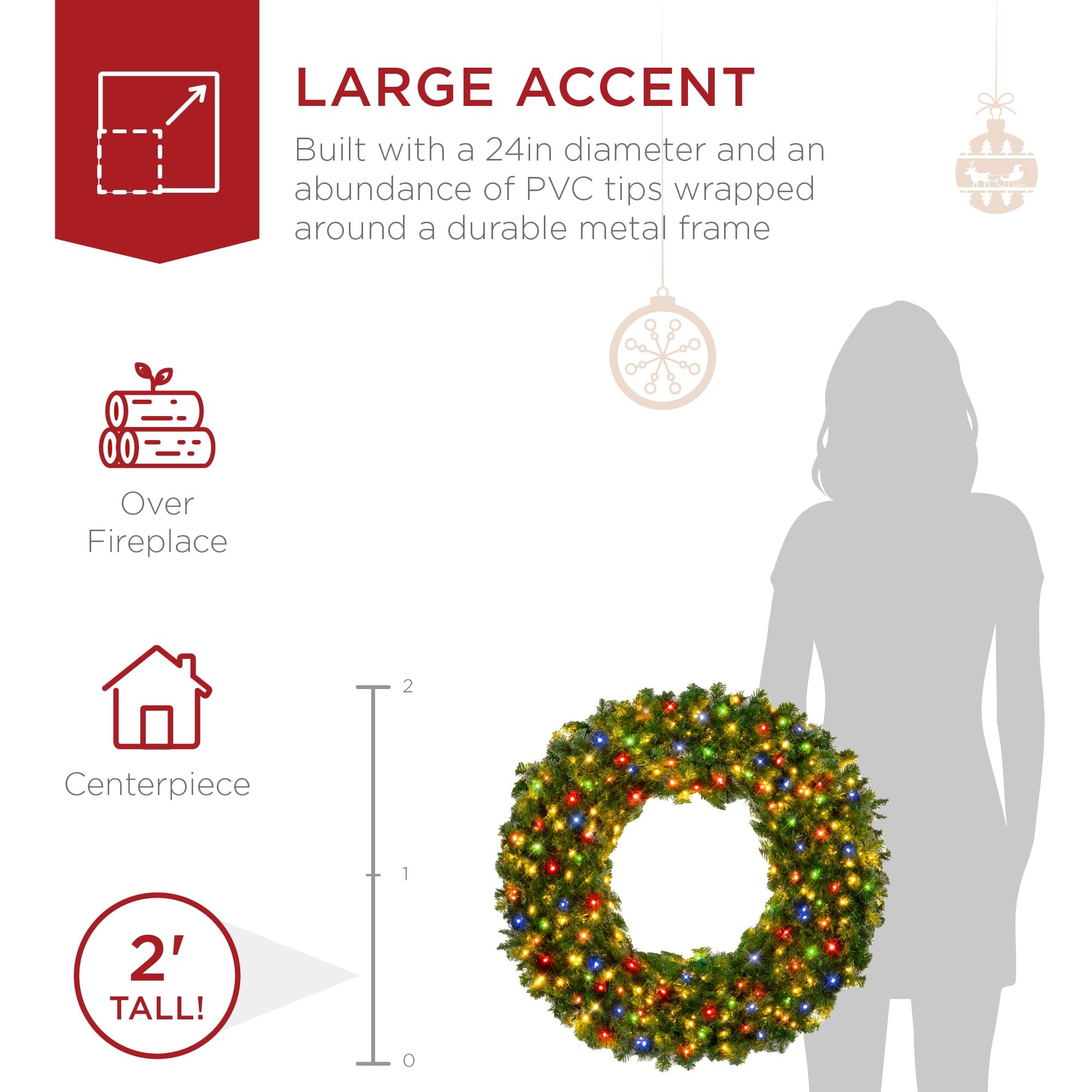 Best Choice Products 24in Artificial Pre-Lit Fir Christmas Wreath w/ 50 Multicolor Lights, 100% PVC Tips, Model SKY10446
