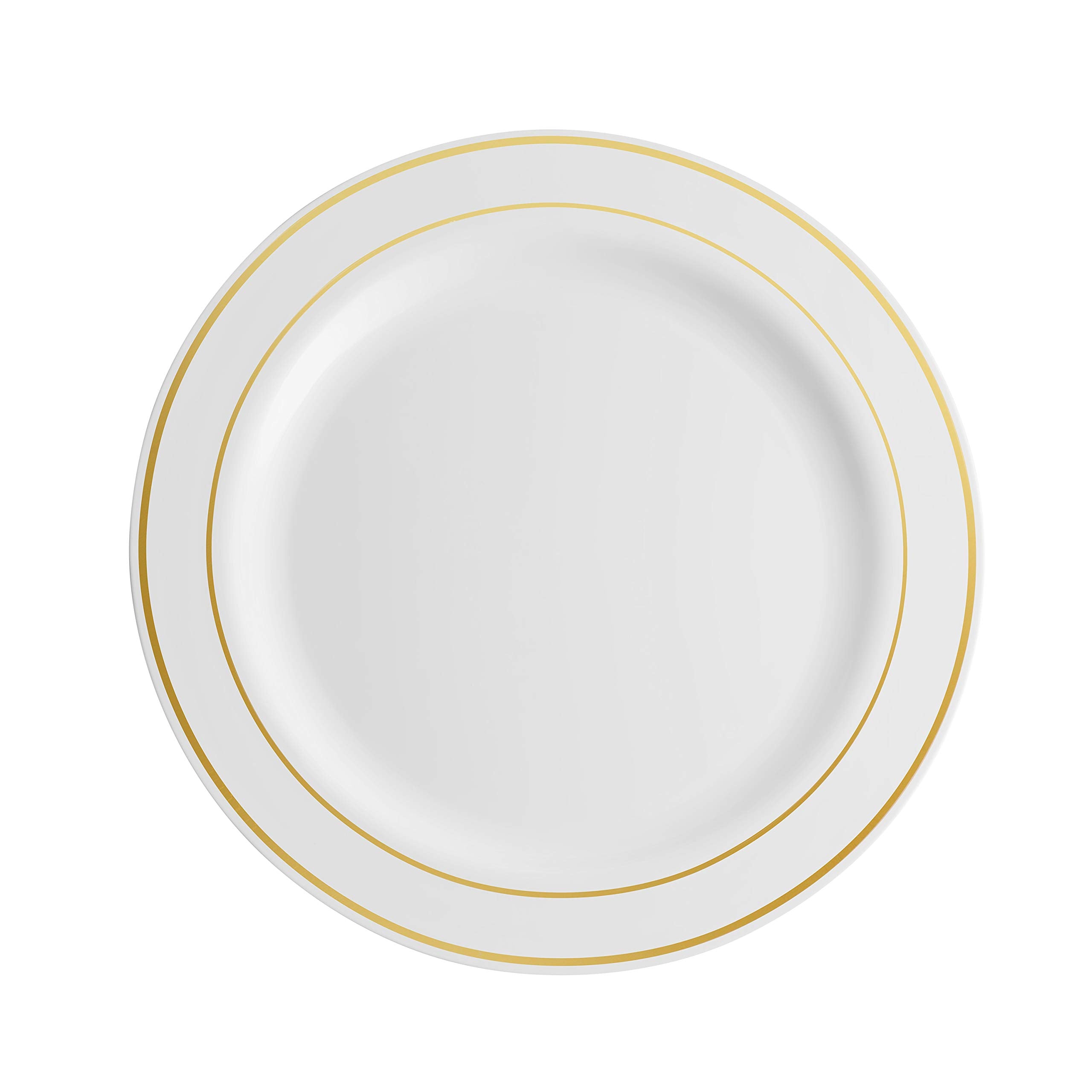 Munfix 100 Piece Plastic Party Plates White Gold Rim, 50 Premium Heavy Duty 10.25 Inch Dinner Plates And 50 Disposable 7.5 Inch