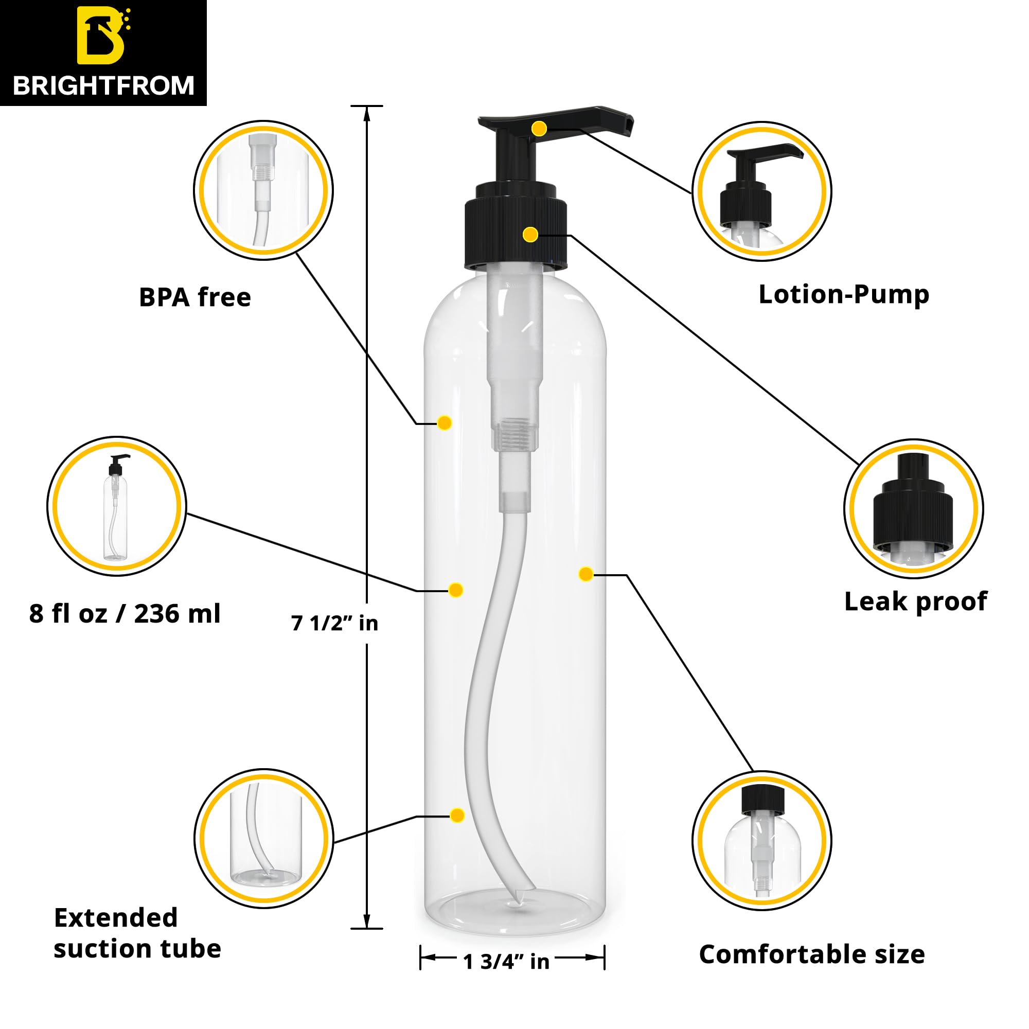 BRIGHTFROM Lotion Pump Bottles  Empty 8 OZ  BPA-Free Refillable Plastic Containers  Clear with Black Dispenser for - Soap  Shampoo  Lotions  Liquid Body Soap  Creams and Massage Oil (2 PACK)