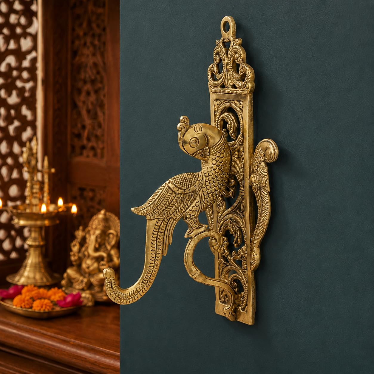 Kartique Brass Parrot Wall Bracket | Decorative Wall Hook For Hanging Lamps, Diyas, Temple Bells,Garlands | Home Decor Piece For