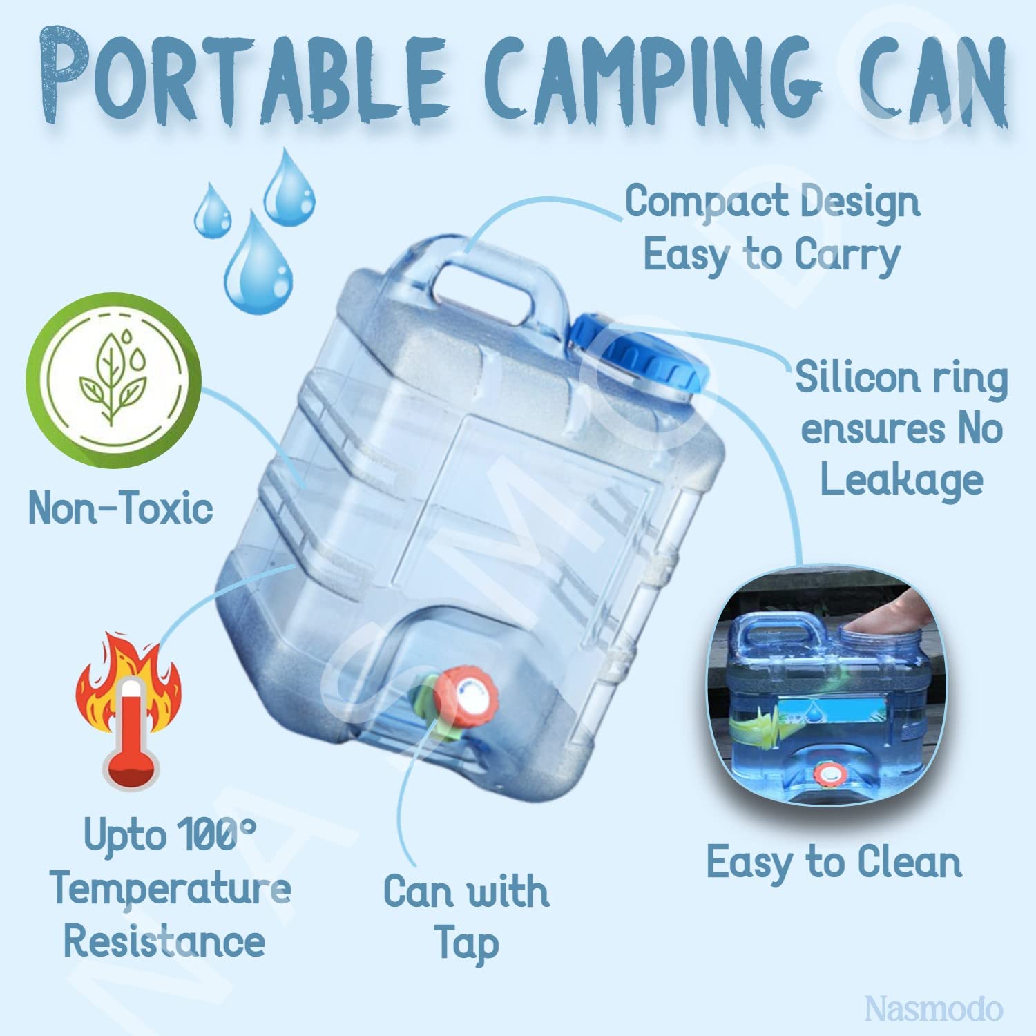 Nasmodo 20 Litre Camping Water Can with Tap Portable Camping Picnic Hiking Camping Water Tank Storage Container for Travelling W